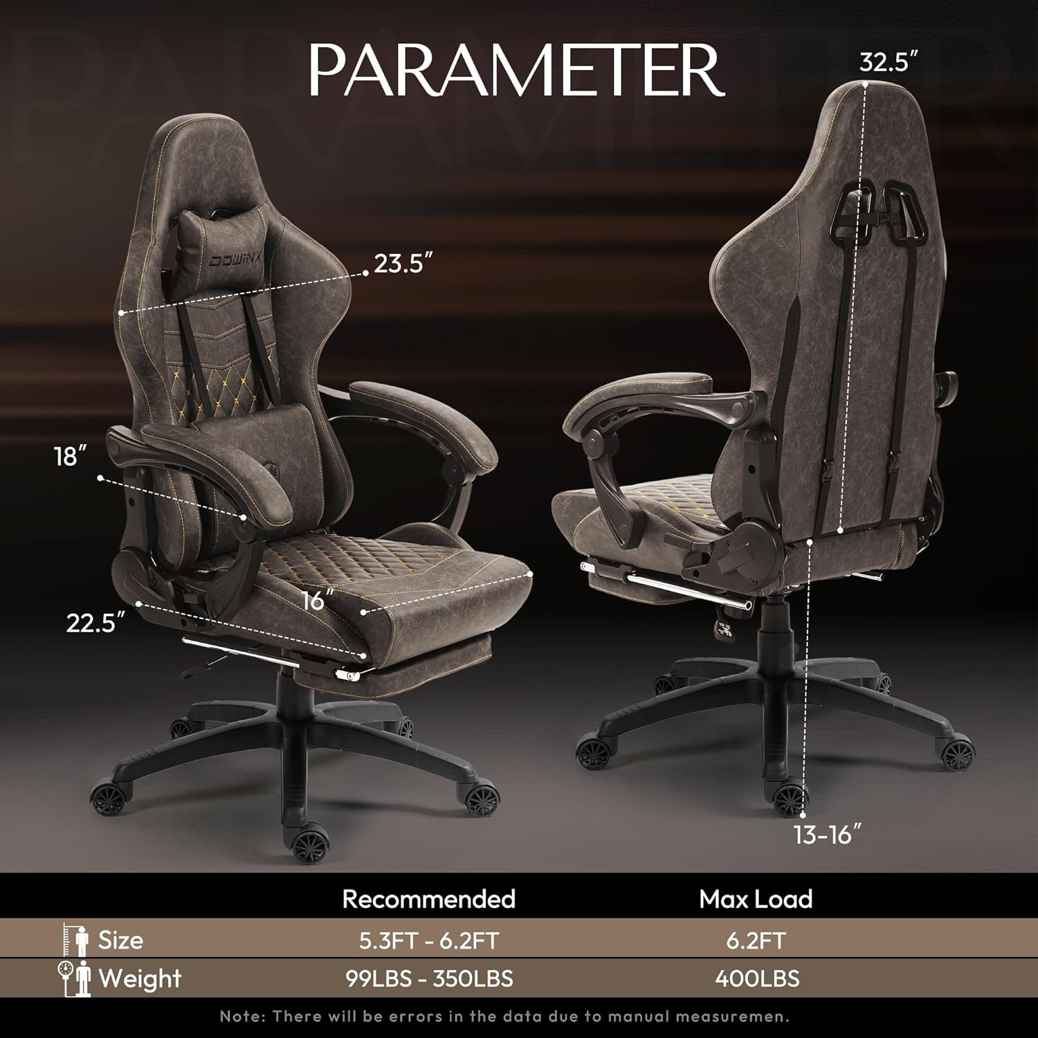 image:imageDowinx Gaming Chair Big and Tall Ergonomic PC Gaming Chair with Footrest amp Massage Racing Style Reclining Computer Chair for Adults 400LBS Capacity Heavy Duty Gamer Chair BlackBrown