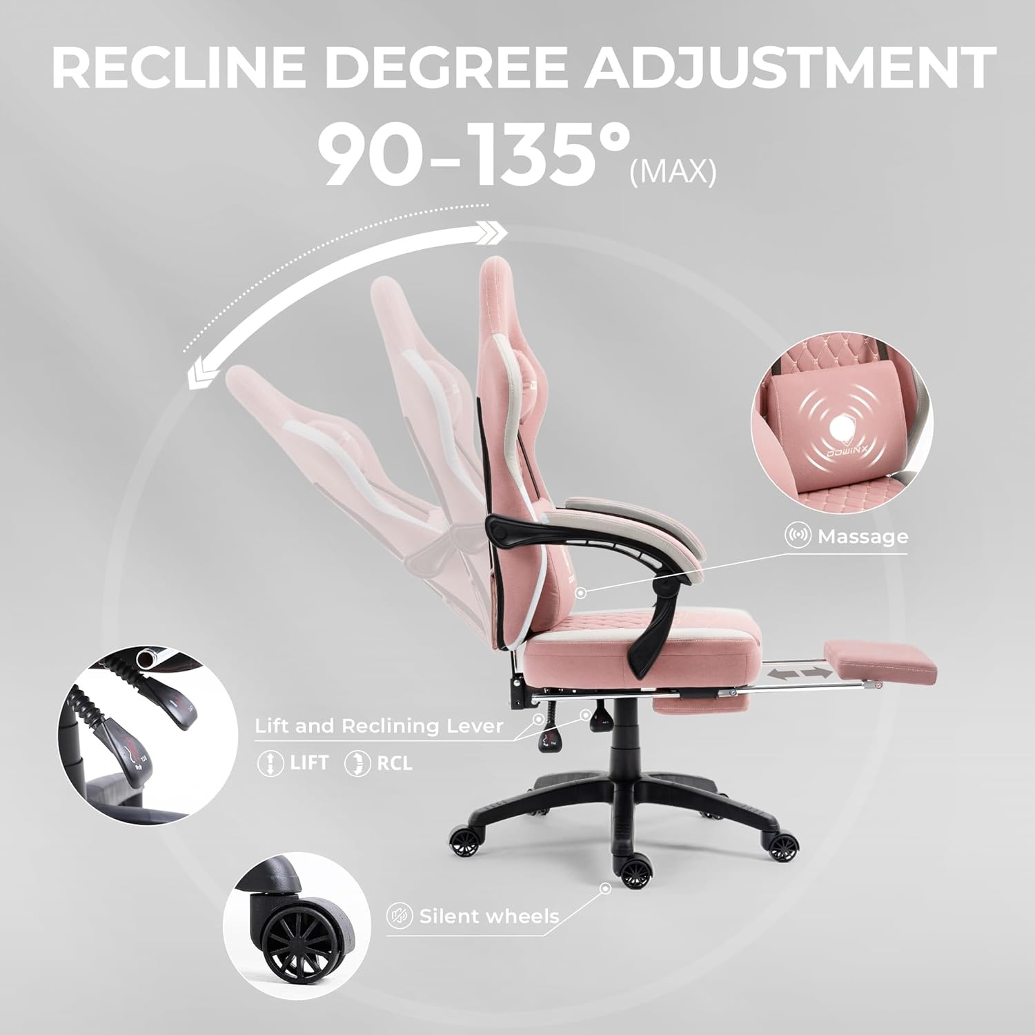 image:imageDowinx Gaming Chair Breathable Fabric Game Chair with Gel Pad and Storage Bag Comfortable Gamer Chair with Pocket Spring Cushion Ergonomic Computer Chair with Footrest GreenPink