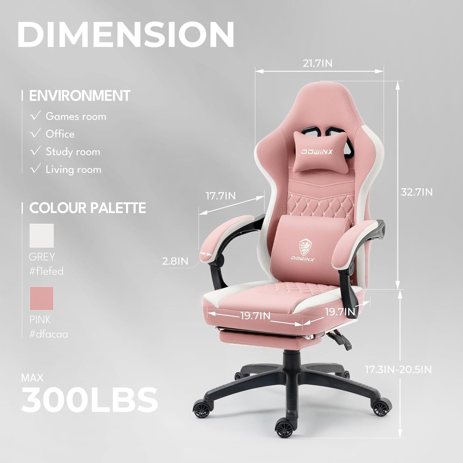 image:imageDowinx Gaming Chair Breathable Fabric Game Chair with Gel Pad and Storage Bag Comfortable Gamer Chair with Pocket Spring Cushion Ergonomic Computer Chair with Footrest GreenPink