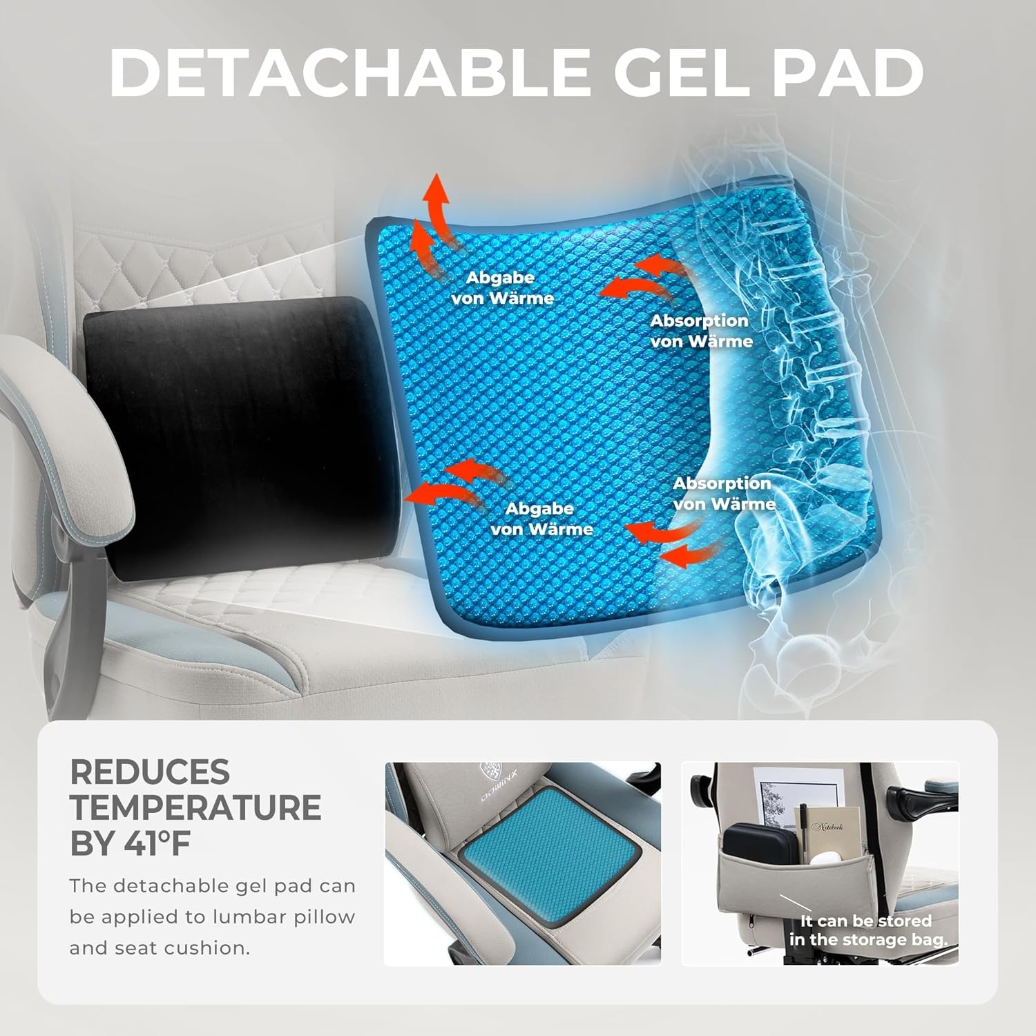 image:imageDowinx Gaming Chair Breathable Fabric Game Chair with Gel Pad and Storage Bag Comfortable Gamer Chair with Pocket Spring Cushion Ergonomic Computer Chair with Footrest GreenGrey