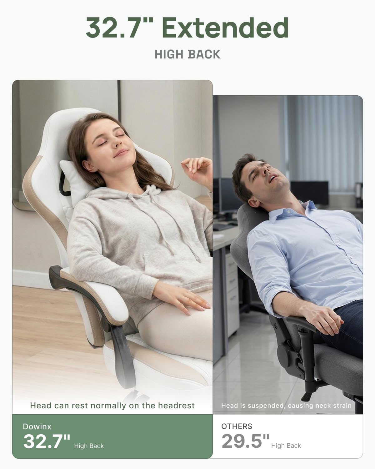 image:imageDowinx Gaming Chair Breathable Fabric Game Chair with Gel Pad and Storage Bag Comfortable Gamer Chair with Pocket Spring Cushion Ergonomic Computer Chair with Footrest GreenBeige