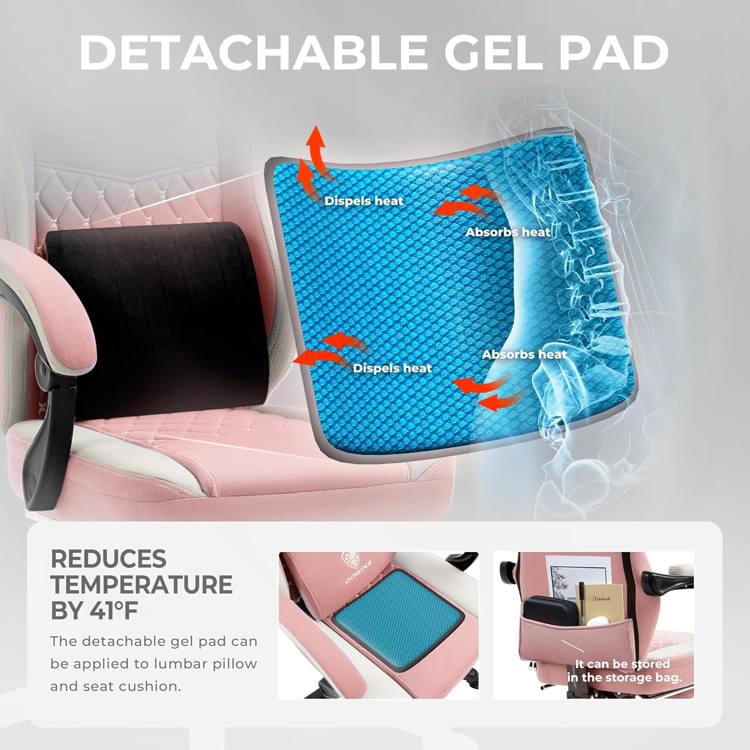 image:imageDowinx Gaming Chair Breathable Fabric Game Chair with Gel Pad and Storage Bag Comfortable Gamer Chair with Pocket Spring Cushion Ergonomic Computer Chair with Footrest GreenPink