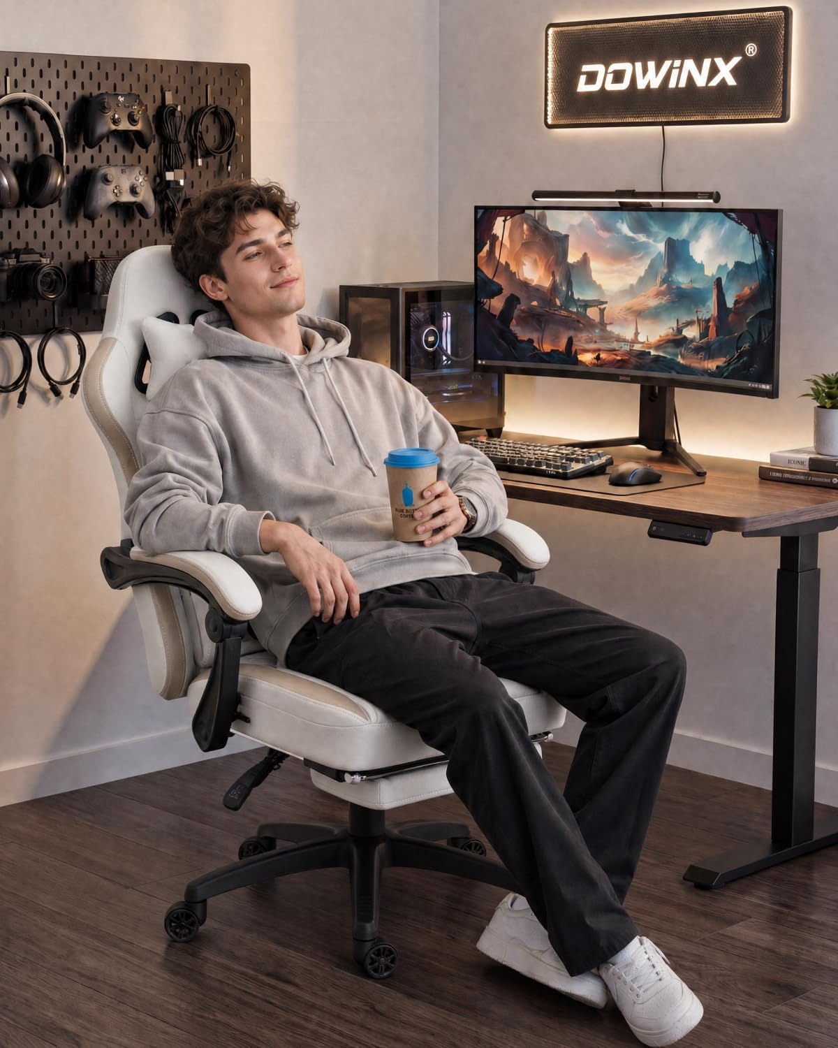 image:imageDowinx Gaming Chair Breathable Fabric Game Chair with Gel Pad and Storage Bag Comfortable Gamer Chair with Pocket Spring Cushion Ergonomic Computer Chair with Footrest GreenBeige