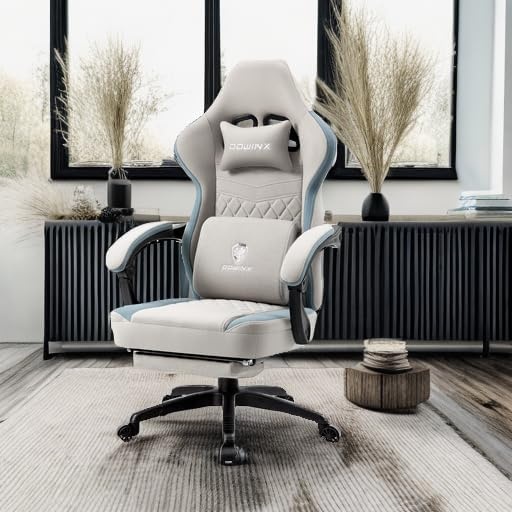 image:imageDowinx Gaming Chair Breathable Fabric Game Chair with Gel Pad and Storage Bag Comfortable Gamer Chair with Pocket Spring Cushion Ergonomic Computer Chair with Footrest GreenGrey