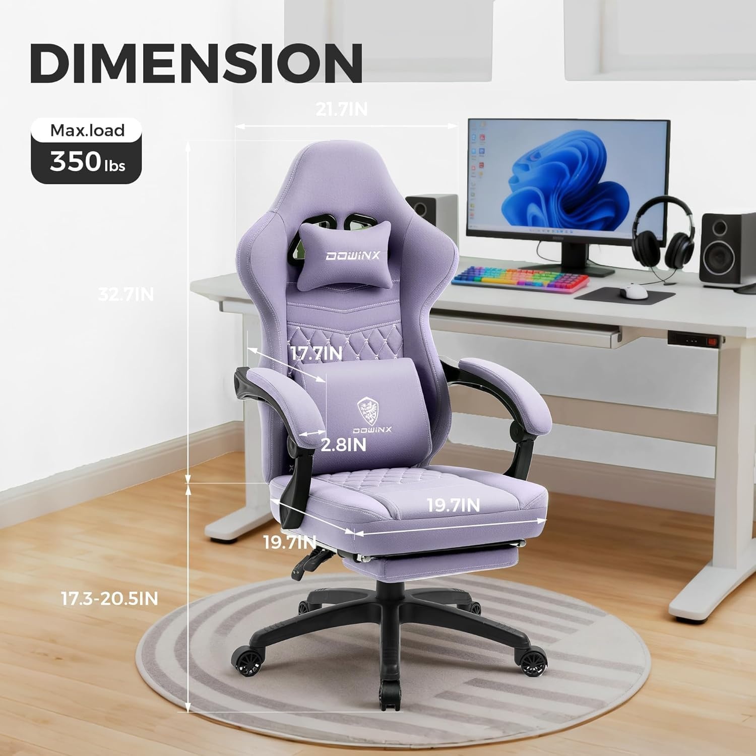 image:imageDowinx Gaming Chair Breathable Fabric Game Chair with Gel Pad and Storage Bag Comfortable Gamer Chair with Pocket Spring Cushion Ergonomic Computer Chair with Footrest GreenPurple