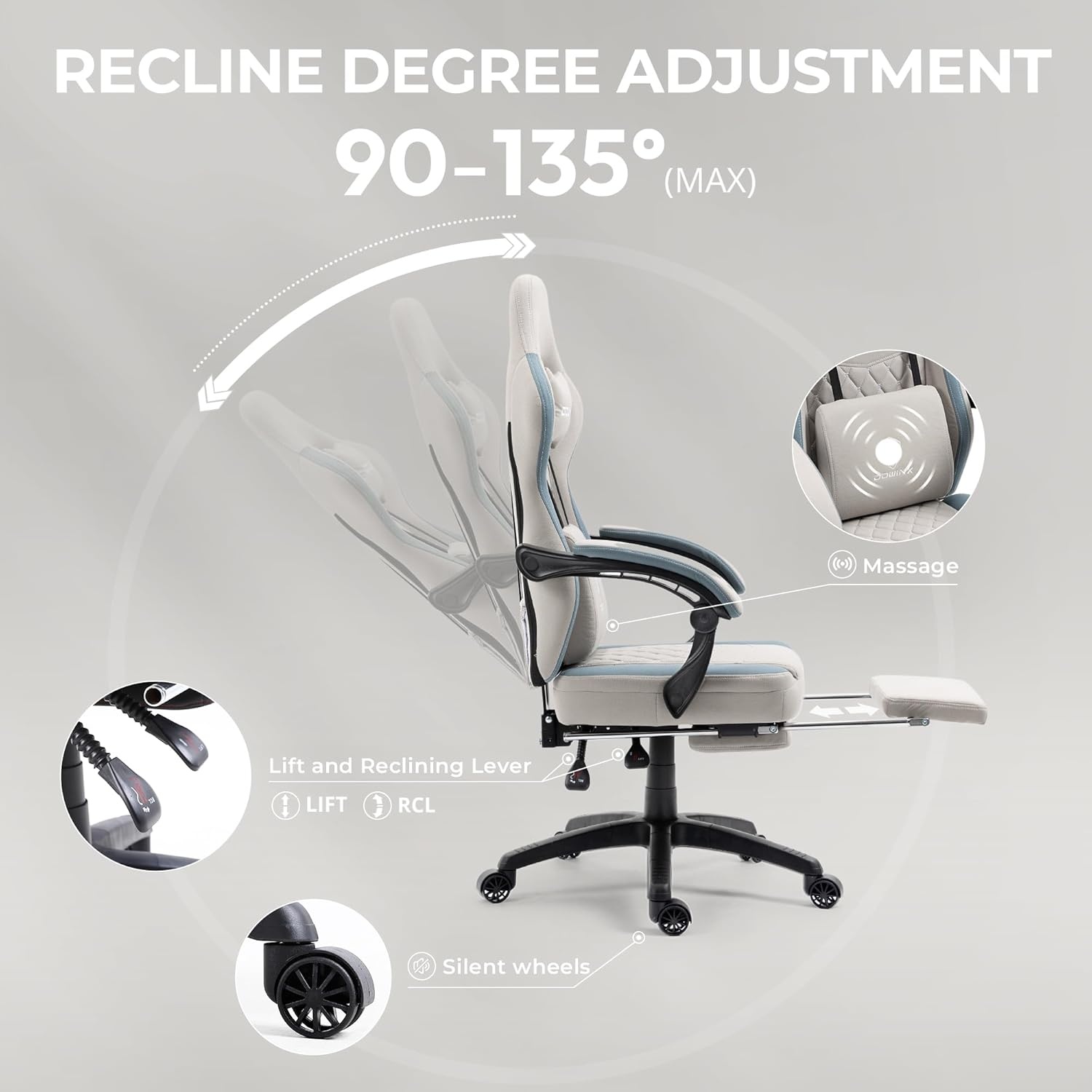 image:imageDowinx Gaming Chair Breathable Fabric Game Chair with Gel Pad and Storage Bag Comfortable Gamer Chair with Pocket Spring Cushion Ergonomic Computer Chair with Footrest GreenGrey