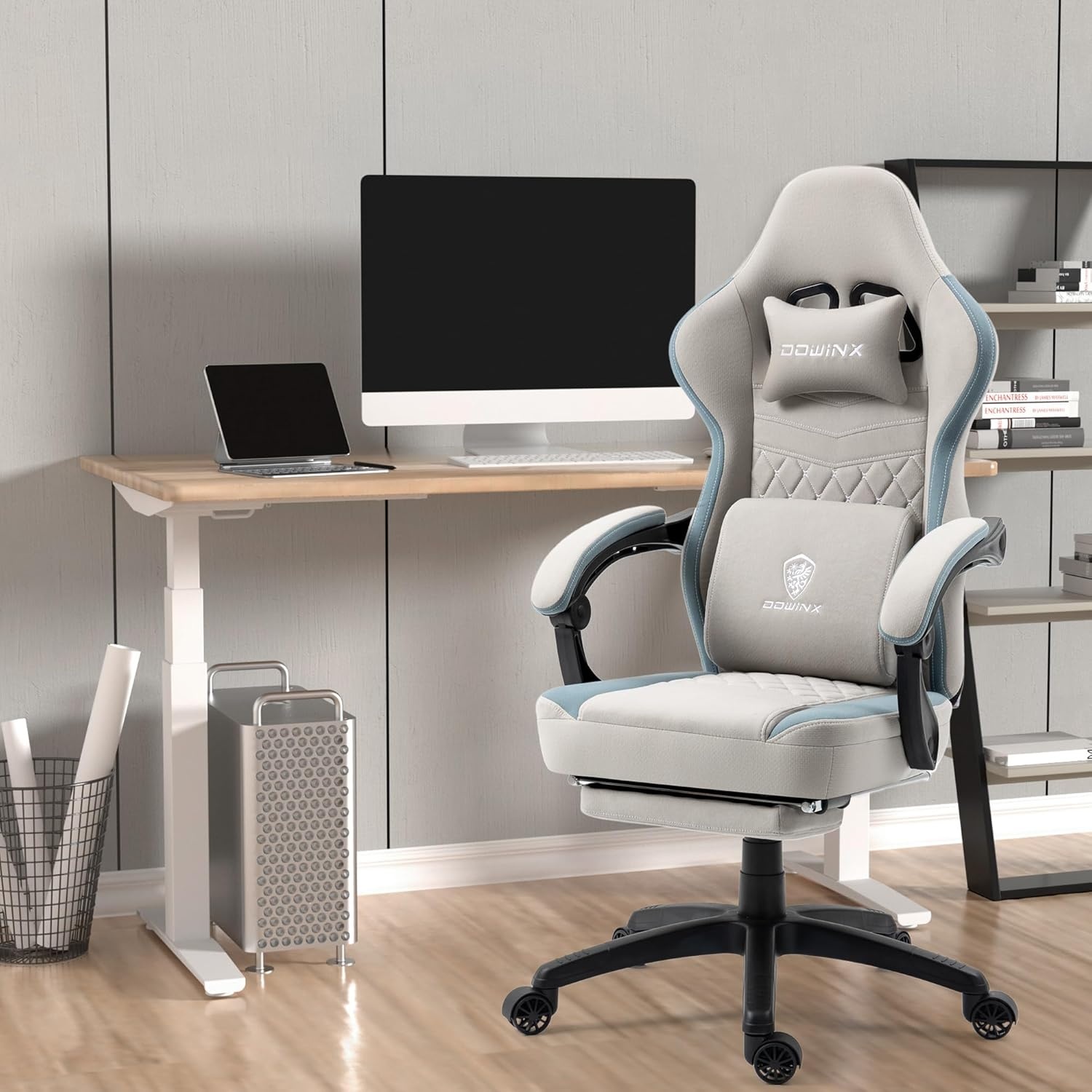 image:imageDowinx Gaming Chair Breathable Fabric Game Chair with Gel Pad and Storage Bag Comfortable Gamer Chair with Pocket Spring Cushion Ergonomic Computer Chair with Footrest GreenGrey