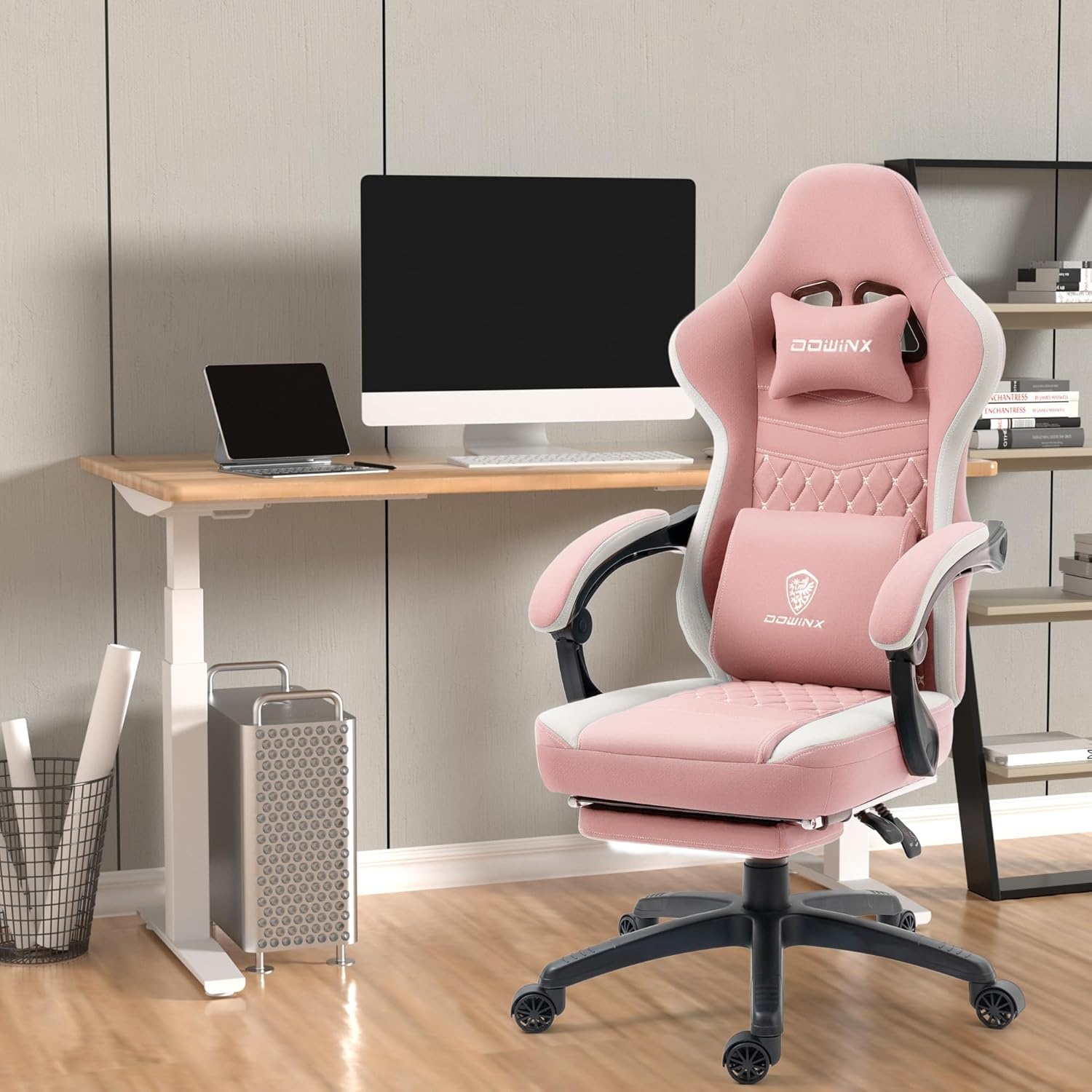 image:imageDowinx Gaming Chair Breathable Fabric Game Chair with Gel Pad and Storage Bag Comfortable Gamer Chair with Pocket Spring Cushion Ergonomic Computer Chair with Footrest GreenPink