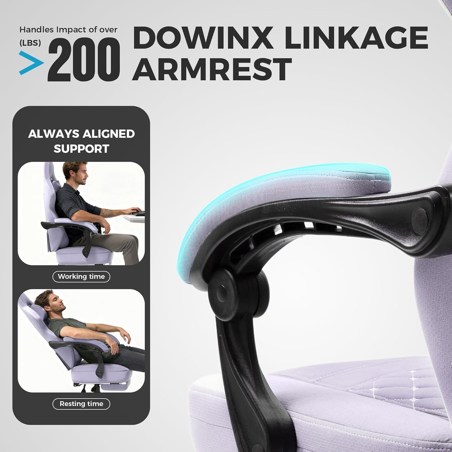 image:imageDowinx Gaming Chair Breathable Fabric Game Chair with Gel Pad and Storage Bag Comfortable Gamer Chair with Pocket Spring Cushion Ergonomic Computer Chair with Footrest GreenPurple