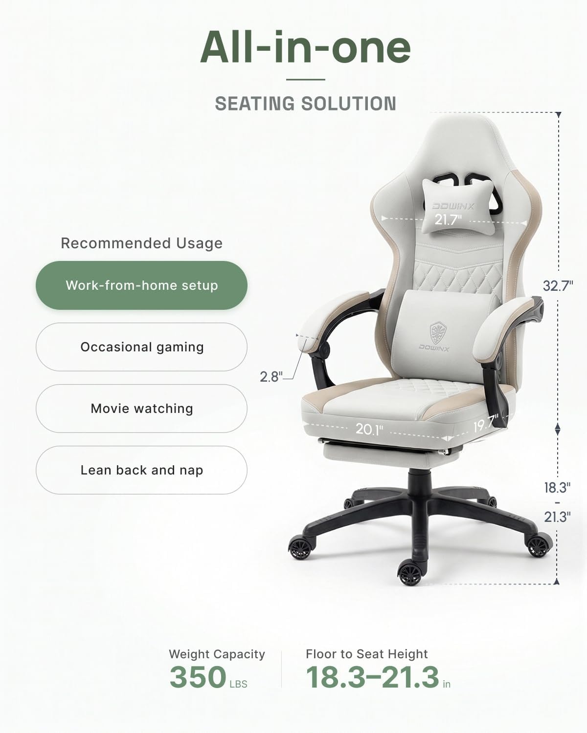 image:imageDowinx Gaming Chair Breathable Fabric Game Chair with Gel Pad and Storage Bag Comfortable Gamer Chair with Pocket Spring Cushion Ergonomic Computer Chair with Footrest GreenBeige