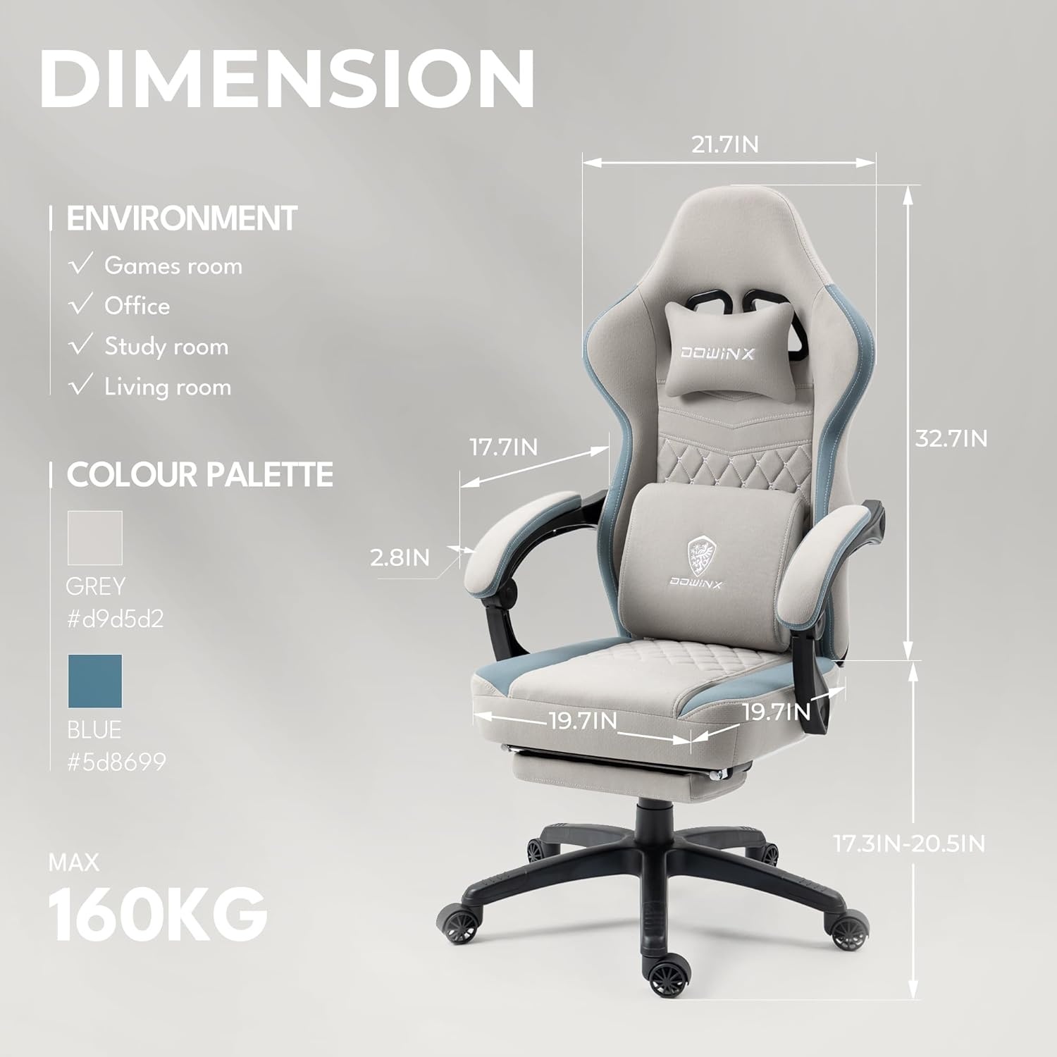 image:imageDowinx Gaming Chair Breathable Fabric Game Chair with Gel Pad and Storage Bag Comfortable Gamer Chair with Pocket Spring Cushion Ergonomic Computer Chair with Footrest GreenGrey