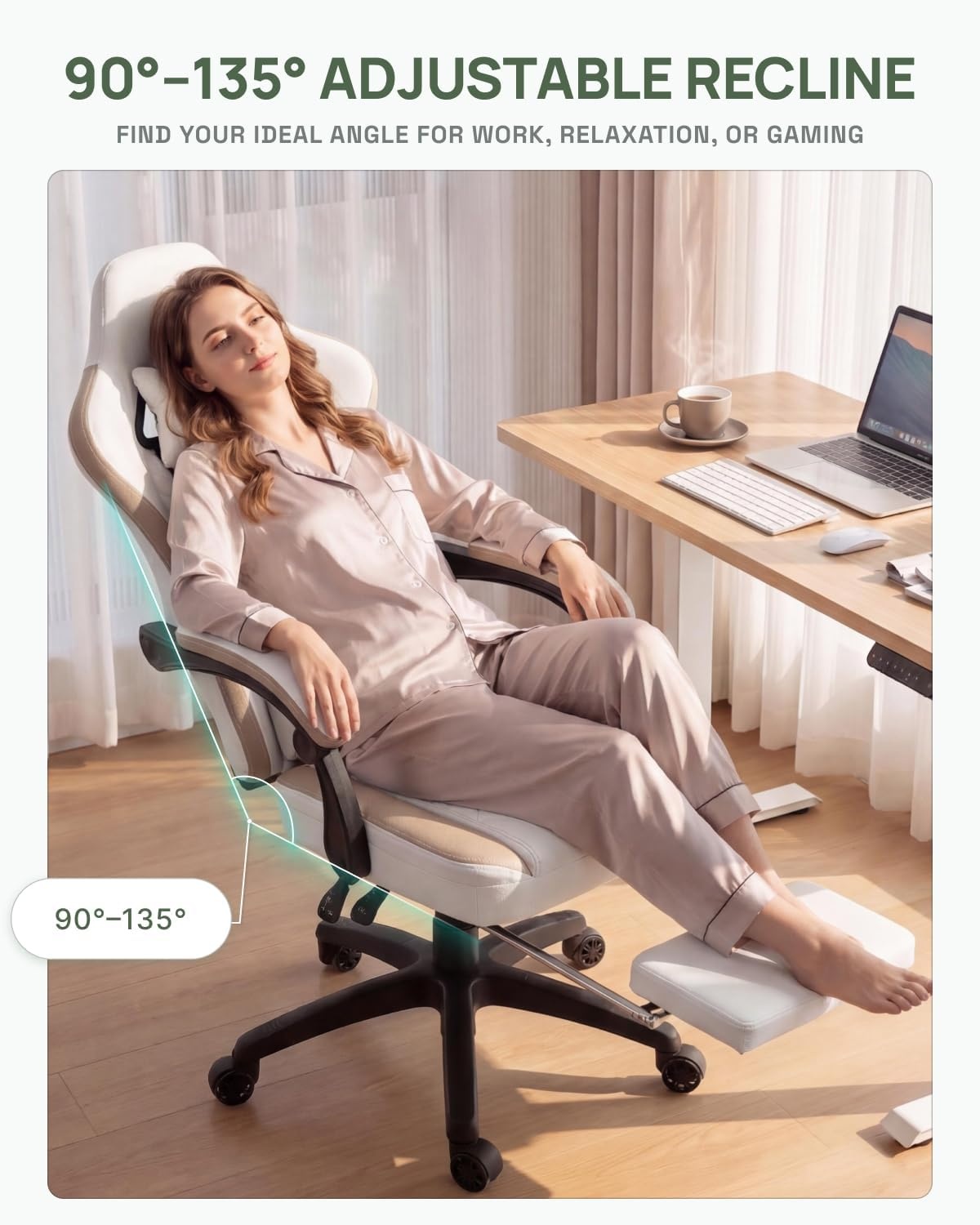 image:imageDowinx Gaming Chair Breathable Fabric Game Chair with Gel Pad and Storage Bag Comfortable Gamer Chair with Pocket Spring Cushion Ergonomic Computer Chair with Footrest GreenBeige