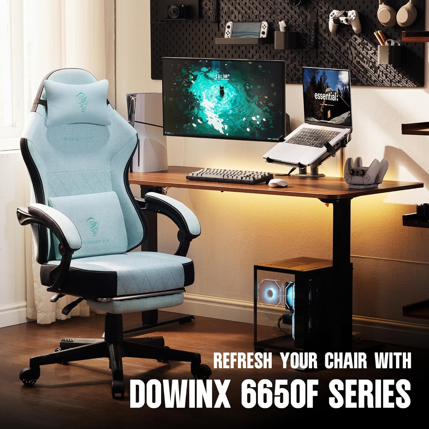 image:imageDowinx Gaming Chair Fabric with Pocket Spring Cushion High Back Ergonomic Computer Chair with Footrest for Adults Massage Lumbar Support Swivel Game Chair for Office Gaming 300LBS Aqua