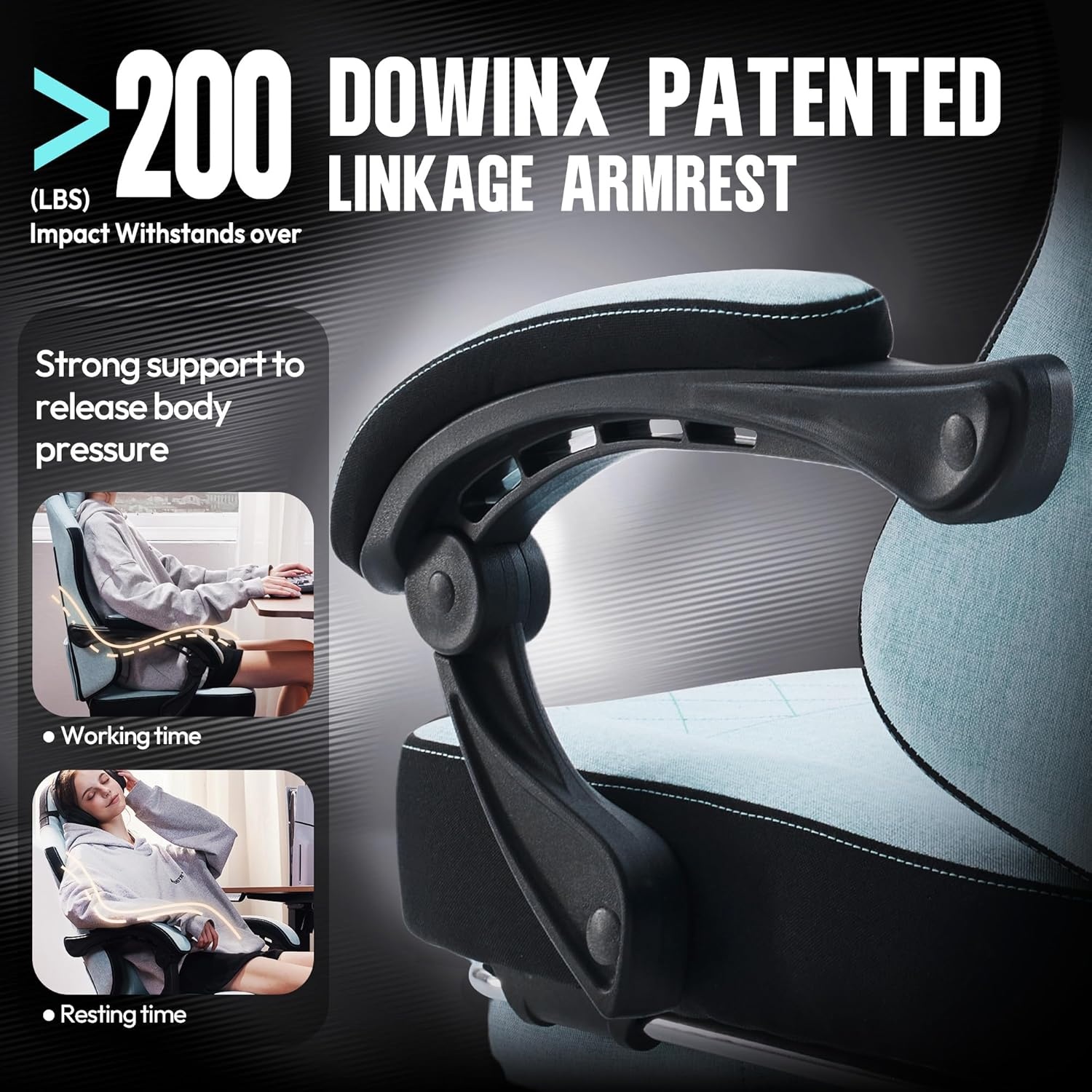 image:imageDowinx Gaming Chair Fabric with Pocket Spring Cushion High Back Ergonomic Computer Chair with Footrest for Adults Massage Lumbar Support Swivel Game Chair for Office Gaming 300LBS Aqua