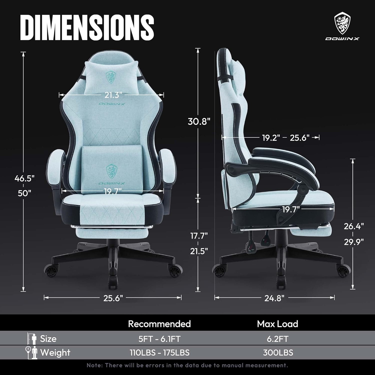 image:imageDowinx Gaming Chair Fabric with Pocket Spring Cushion High Back Ergonomic Computer Chair with Footrest for Adults Massage Lumbar Support Swivel Game Chair for Office Gaming 300LBS Aqua