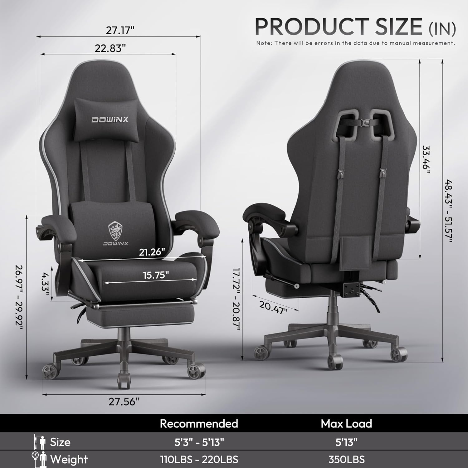 image:imageDowinx Gaming Chair Fabric with Pocket Spring Cushion Massage Game Chair Cloth with Headrest Ergonomic Computer Chair with Footrest 290LBS GreyBlack