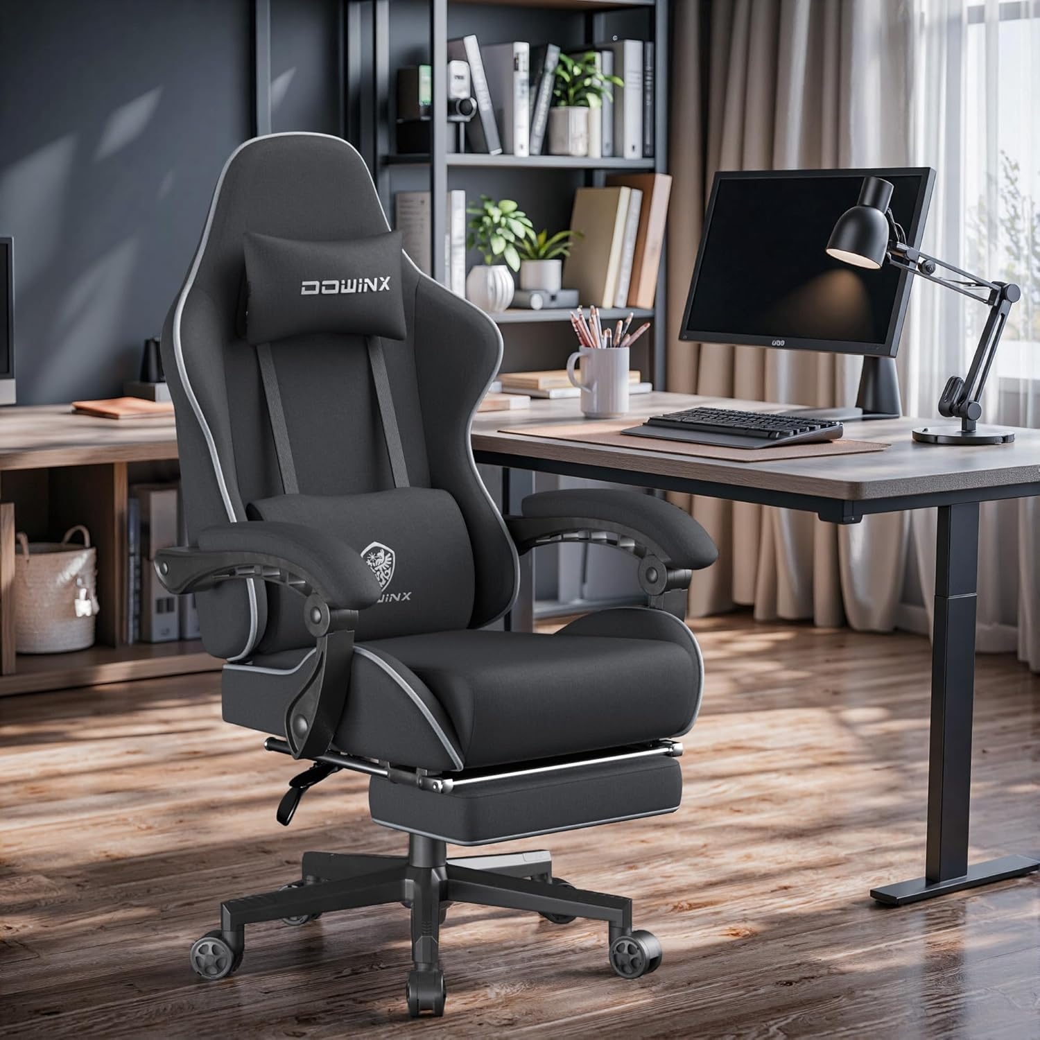 image:imageDowinx Gaming Chair Fabric with Pocket Spring Cushion Massage Game Chair Cloth with Headrest Ergonomic Computer Chair with Footrest 290LBS GreyBlack