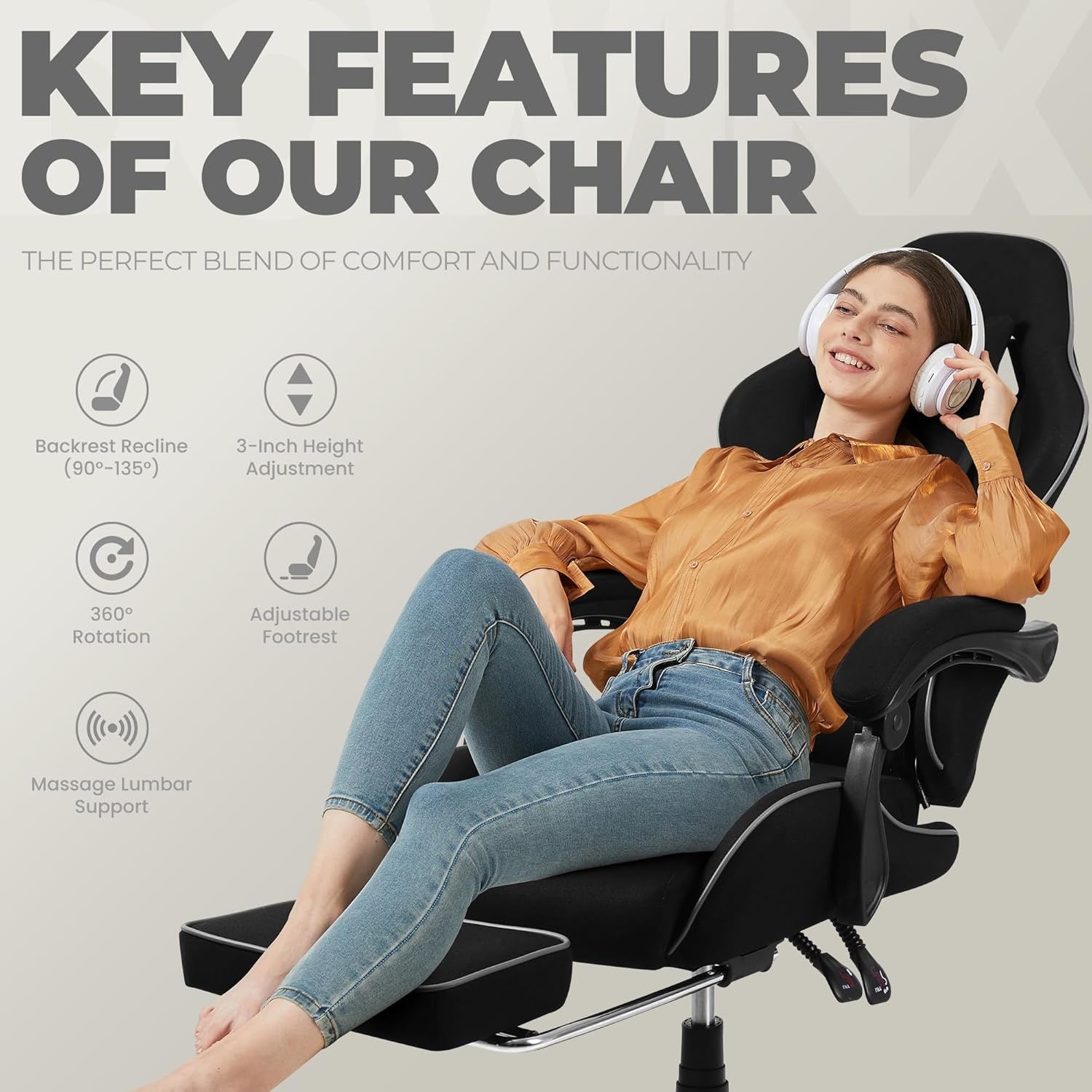 image:imageDowinx Gaming Chair Fabric with Pocket Spring Cushion Massage Game Chair Cloth with Headrest Ergonomic Computer Chair with Footrest 290LBS GreyBlack