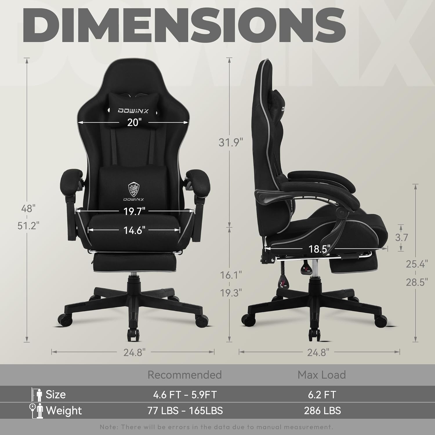 image:imageDowinx Gaming Chair Fabric with Pocket Spring Cushion Massage Game Chair Cloth with Headrest Ergonomic Computer Chair with Footrest 290LBS GreyBlack