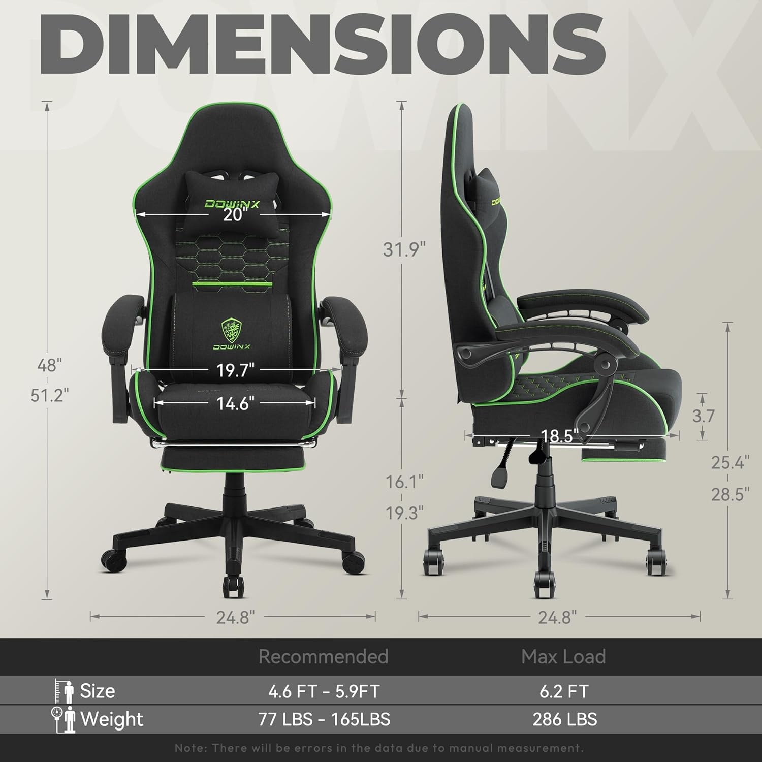 image:imageDowinx Gaming Chair Fabric with Pocket Spring Cushion Massage Game Chair Cloth with Headrest Ergonomic Computer Chair with Footrest 290LBS GreyBlack Green