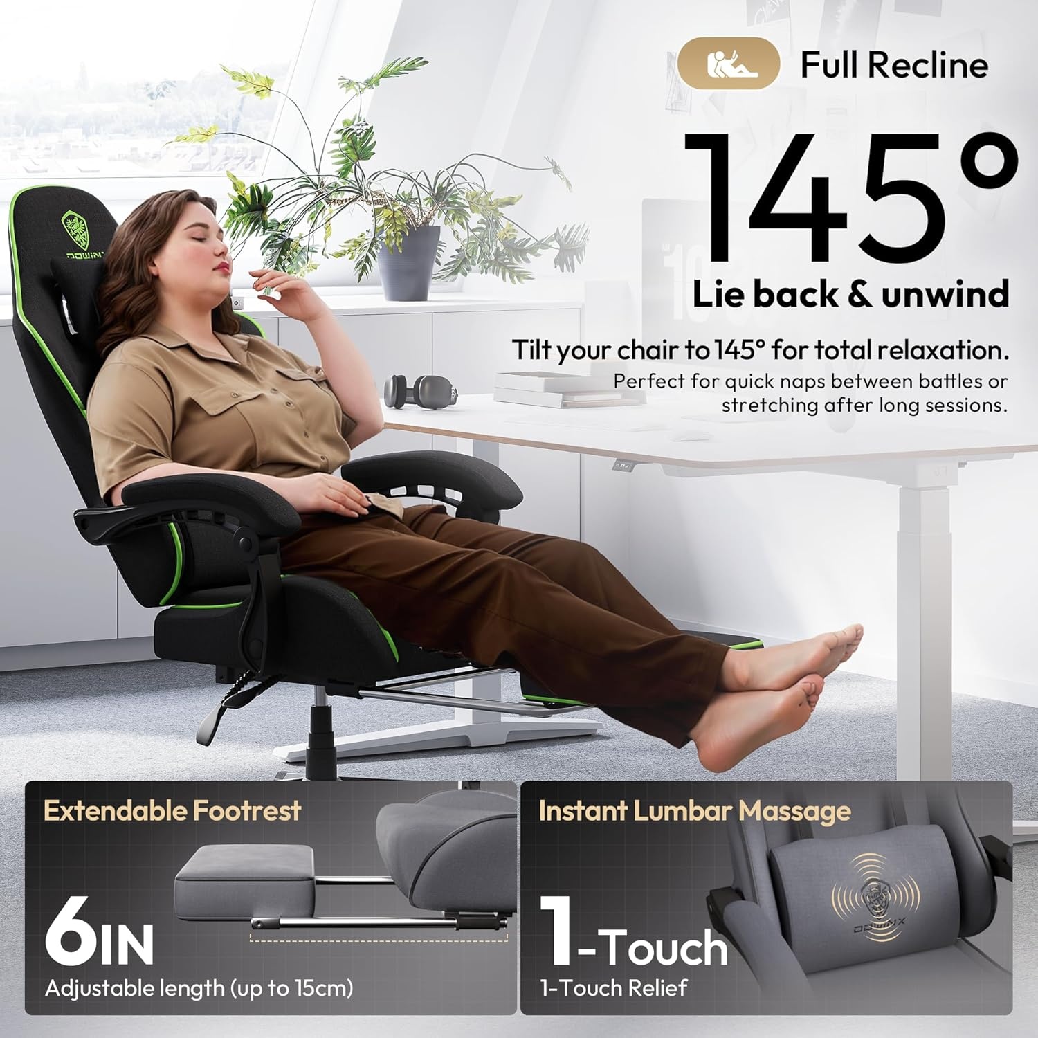 image:imageDowinx Gaming Chair Fabric with Pocket Spring Cushion Massage Game Chair Cloth with Headrest Ergonomic Computer Chair with Footrest 290LBS GreyBlack Green