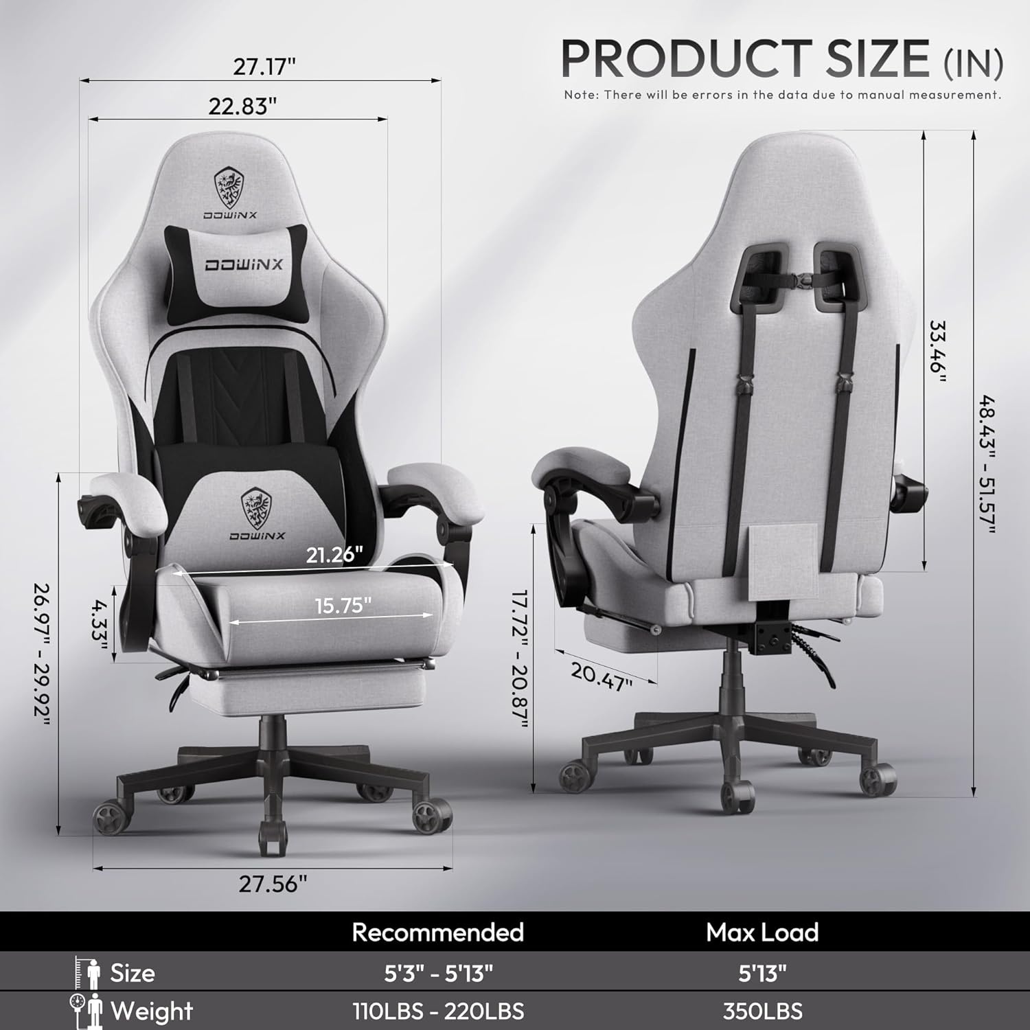 image:imageDowinx Gaming Chair Fabric with Pocket Spring Cushion Massage Game Chair Cloth with Headrest Ergonomic Computer Chair with Footrest 290LBS GreyBlack Grey