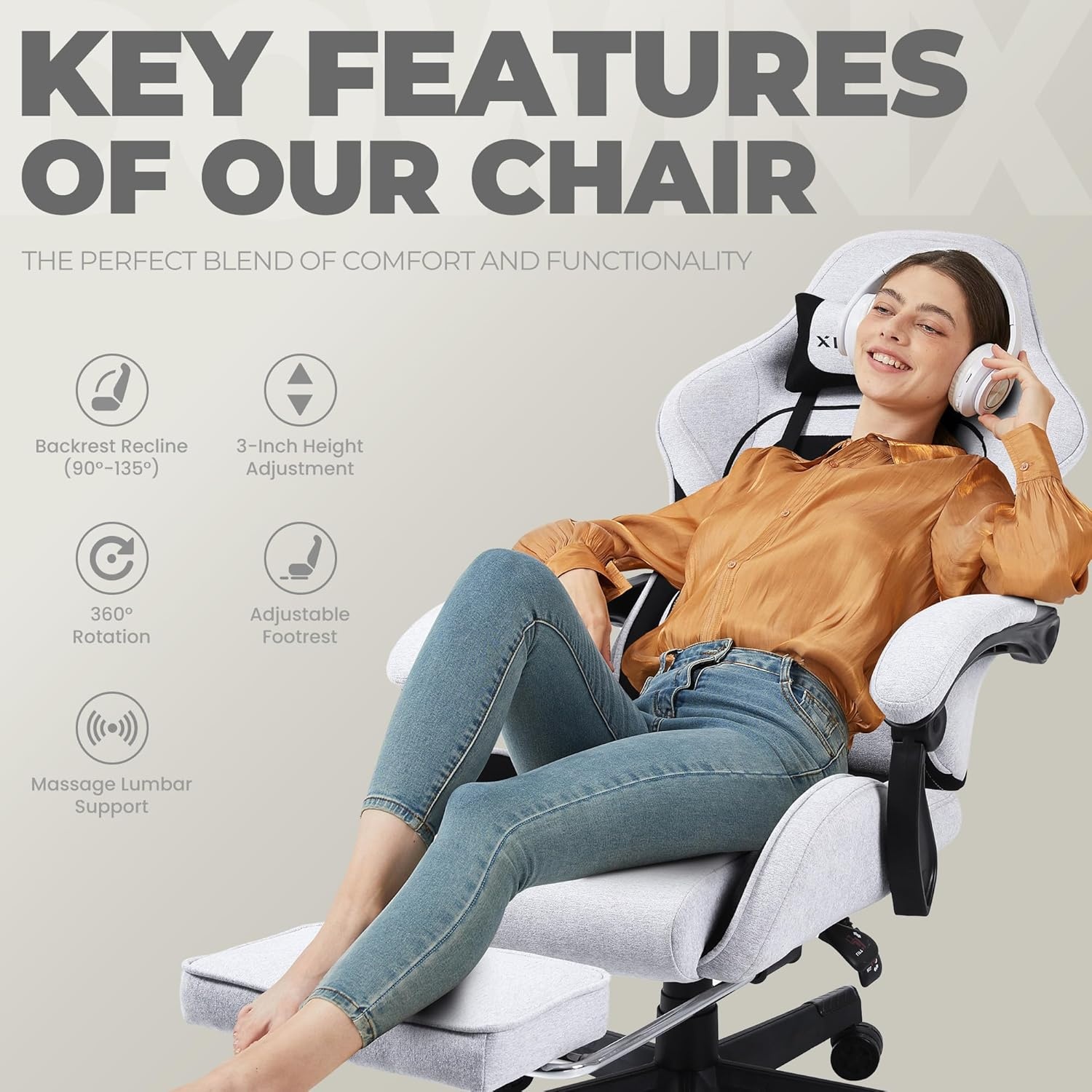 image:imageDowinx Gaming Chair Fabric with Pocket Spring Cushion Massage Game Chair Cloth with Headrest Ergonomic Computer Chair with Footrest 290LBS GreyBlack Grey