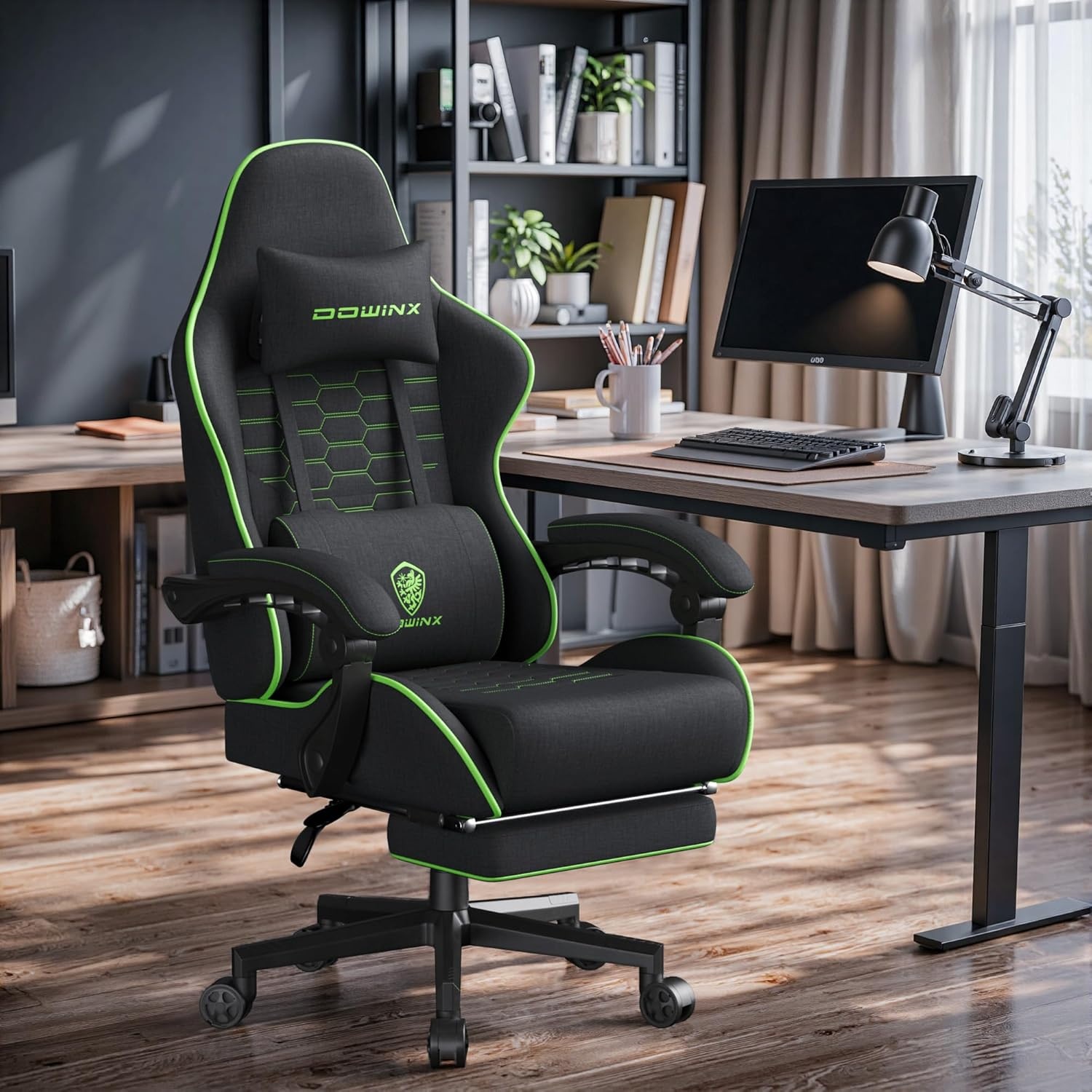 image:imageDowinx Gaming Chair Fabric with Pocket Spring Cushion Massage Game Chair Cloth with Headrest Ergonomic Computer Chair with Footrest 290LBS GreyBlack Green