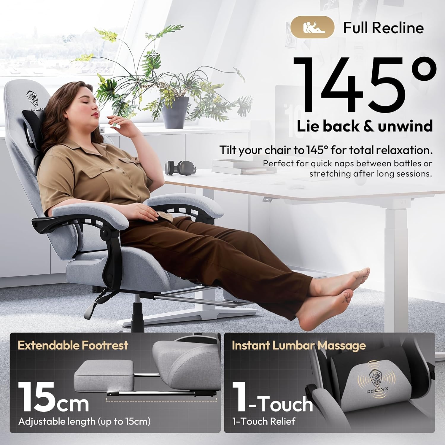 image:imageDowinx Gaming Chair Fabric with Pocket Spring Cushion Massage Game Chair Cloth with Headrest Ergonomic Computer Chair with Footrest 290LBS GreyBlack Grey