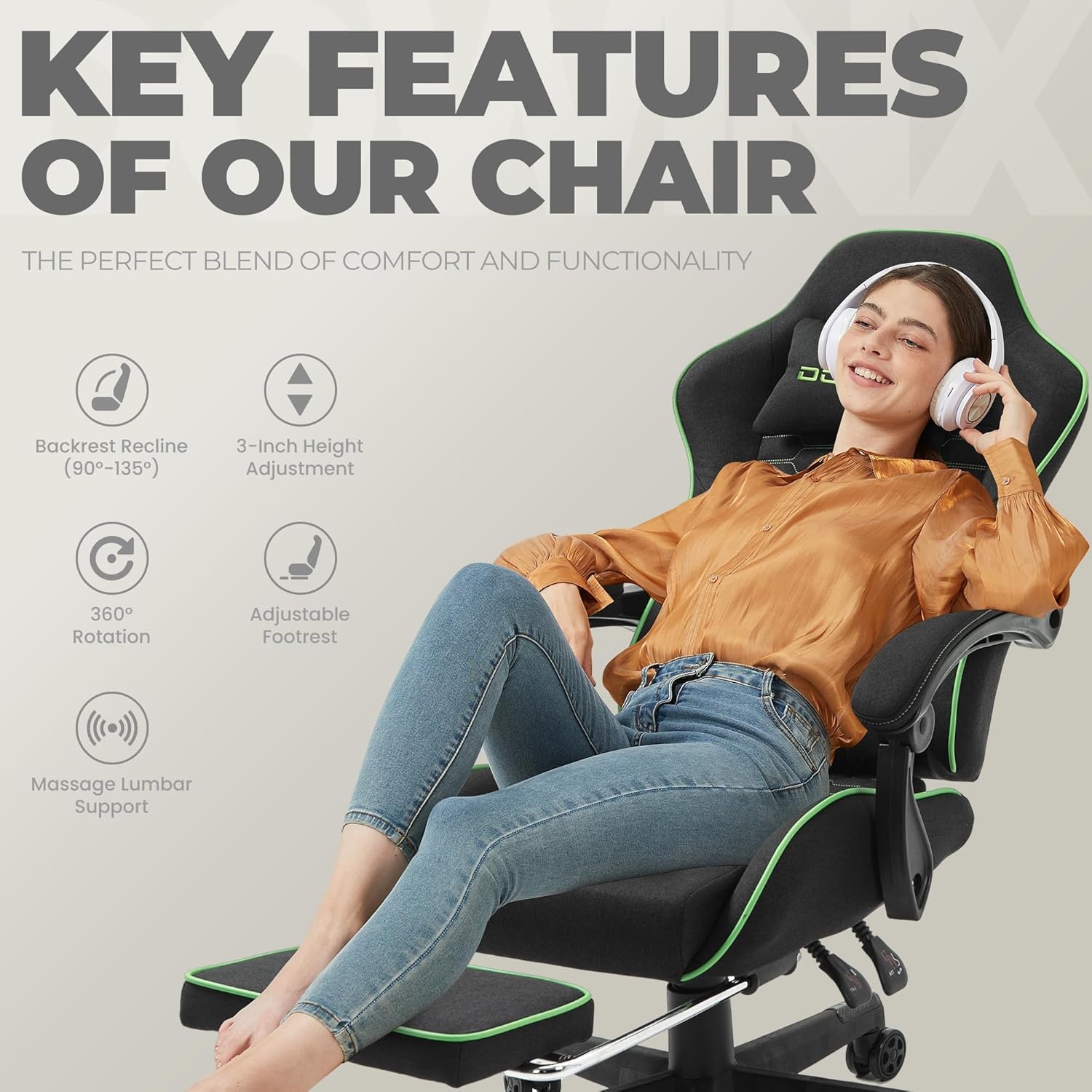 image:imageDowinx Gaming Chair Fabric with Pocket Spring Cushion Massage Game Chair Cloth with Headrest Ergonomic Computer Chair with Footrest 290LBS GreyBlack Green
