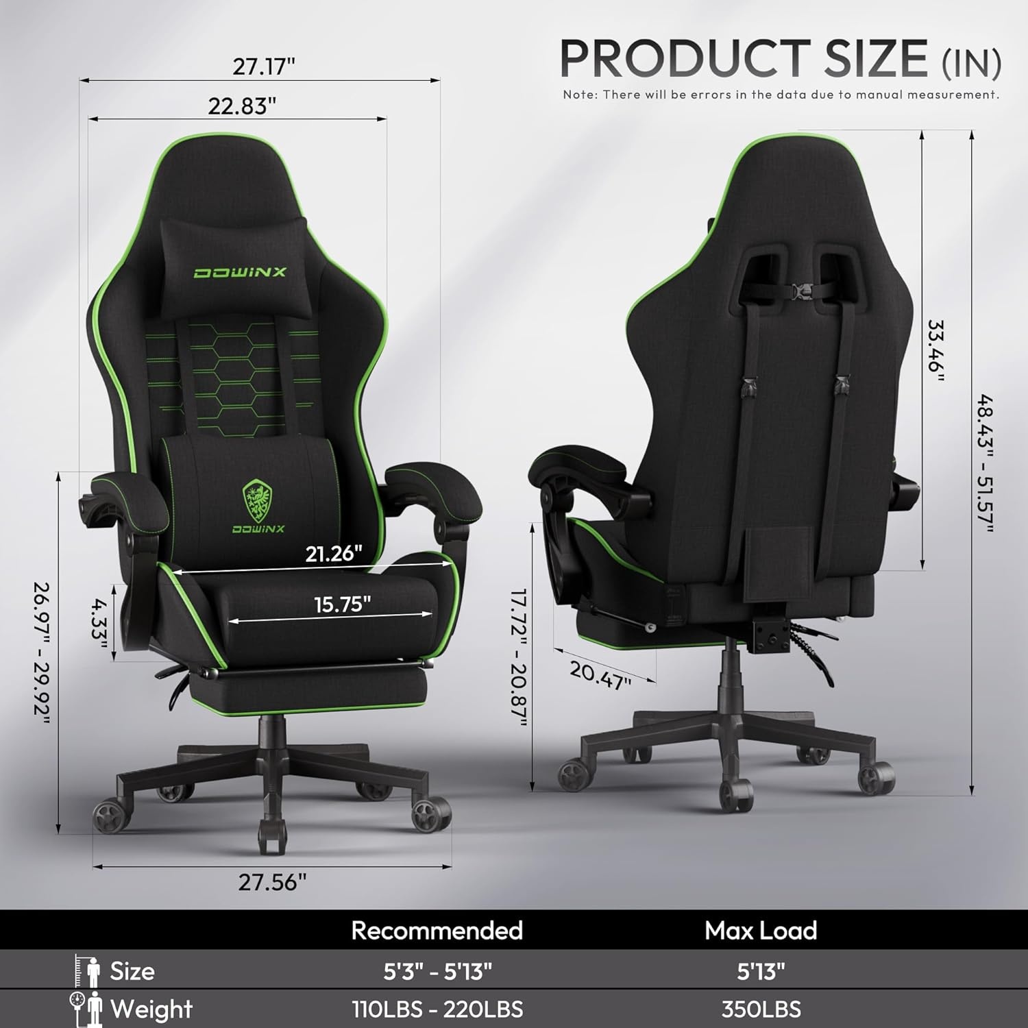 image:imageDowinx Gaming Chair Fabric with Pocket Spring Cushion Massage Game Chair Cloth with Headrest Ergonomic Computer Chair with Footrest 290LBS GreyBlack Green