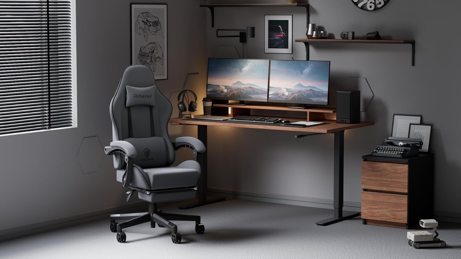 image:imageDowinx Gaming Chair Fabric with Pocket Spring Cushion Massage Game Chair Cloth with Headrest Ergonomic Computer Chair with Footrest 290LBS GreyBlack Grey