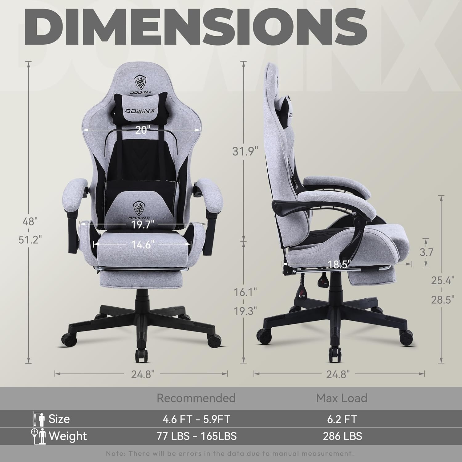 image:imageDowinx Gaming Chair Fabric with Pocket Spring Cushion Massage Game Chair Cloth with Headrest Ergonomic Computer Chair with Footrest 290LBS GreyBlack Grey