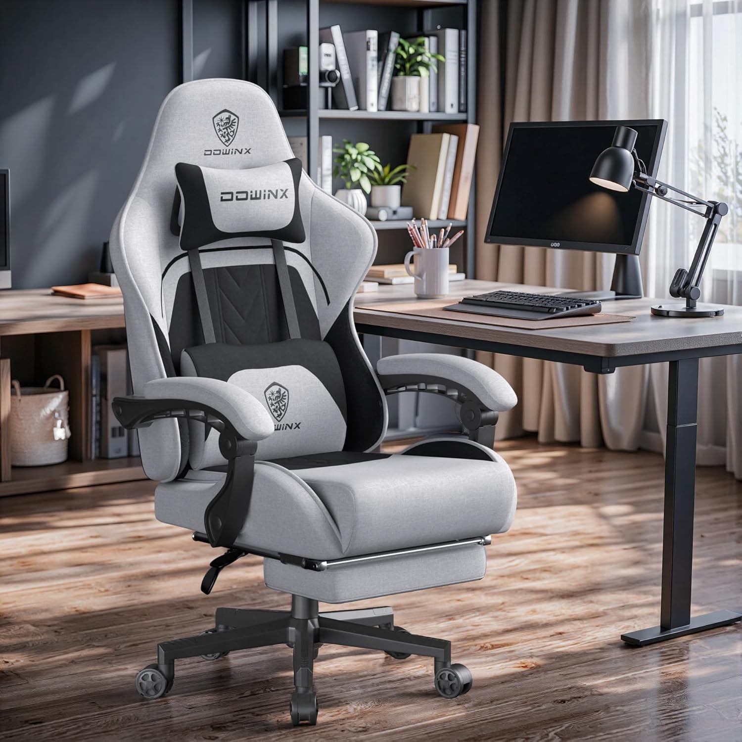 image:imageDowinx Gaming Chair Fabric with Pocket Spring Cushion Massage Game Chair Cloth with Headrest Ergonomic Computer Chair with Footrest 290LBS GreyBlack Grey