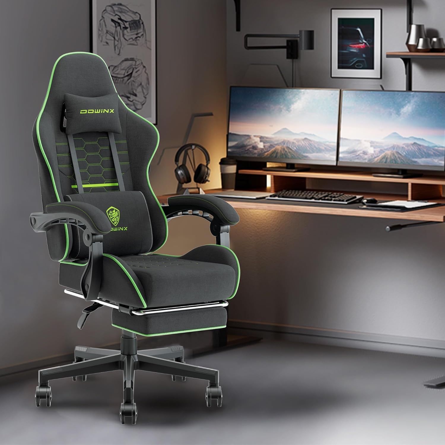 image:imageDowinx Gaming Chair Fabric with Pocket Spring Cushion Massage Game Chair Cloth with Headrest Ergonomic Computer Chair with Footrest 290LBS GreyBlack Green