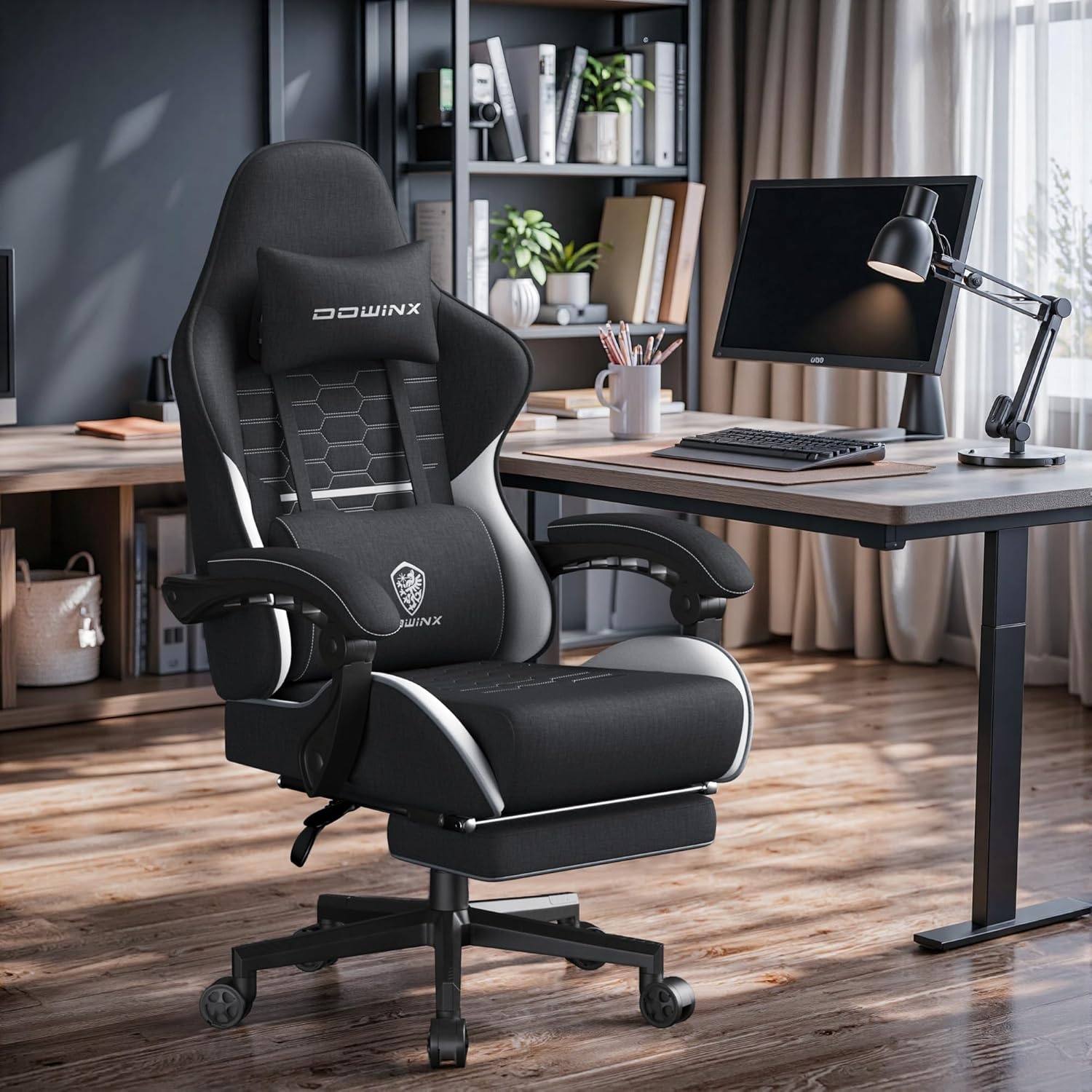 image:imageDowinx Gaming Chair Fabric with Pocket Spring Cushion Massage Game Chair Cloth with Headrest Ergonomic Computer Chair with Footrest 290LBS GreyBlack White