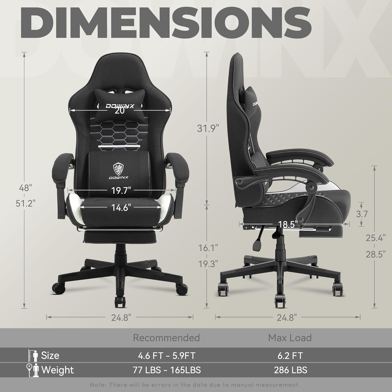 image:imageDowinx Gaming Chair Fabric with Pocket Spring Cushion Massage Game Chair Cloth with Headrest Ergonomic Computer Chair with Footrest 290LBS GreyBlack White