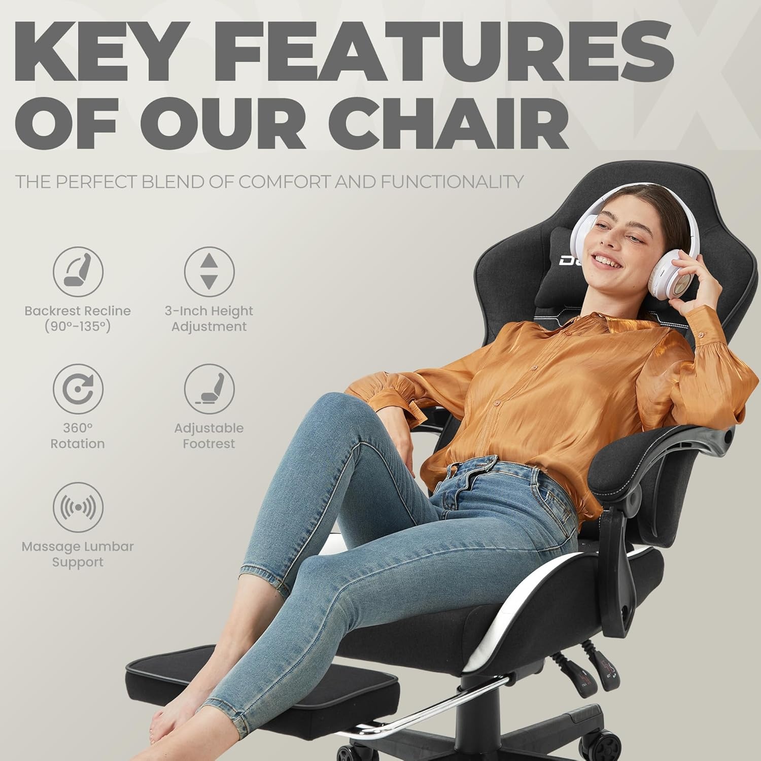 image:imageDowinx Gaming Chair Fabric with Pocket Spring Cushion Massage Game Chair Cloth with Headrest Ergonomic Computer Chair with Footrest 290LBS GreyBlack White