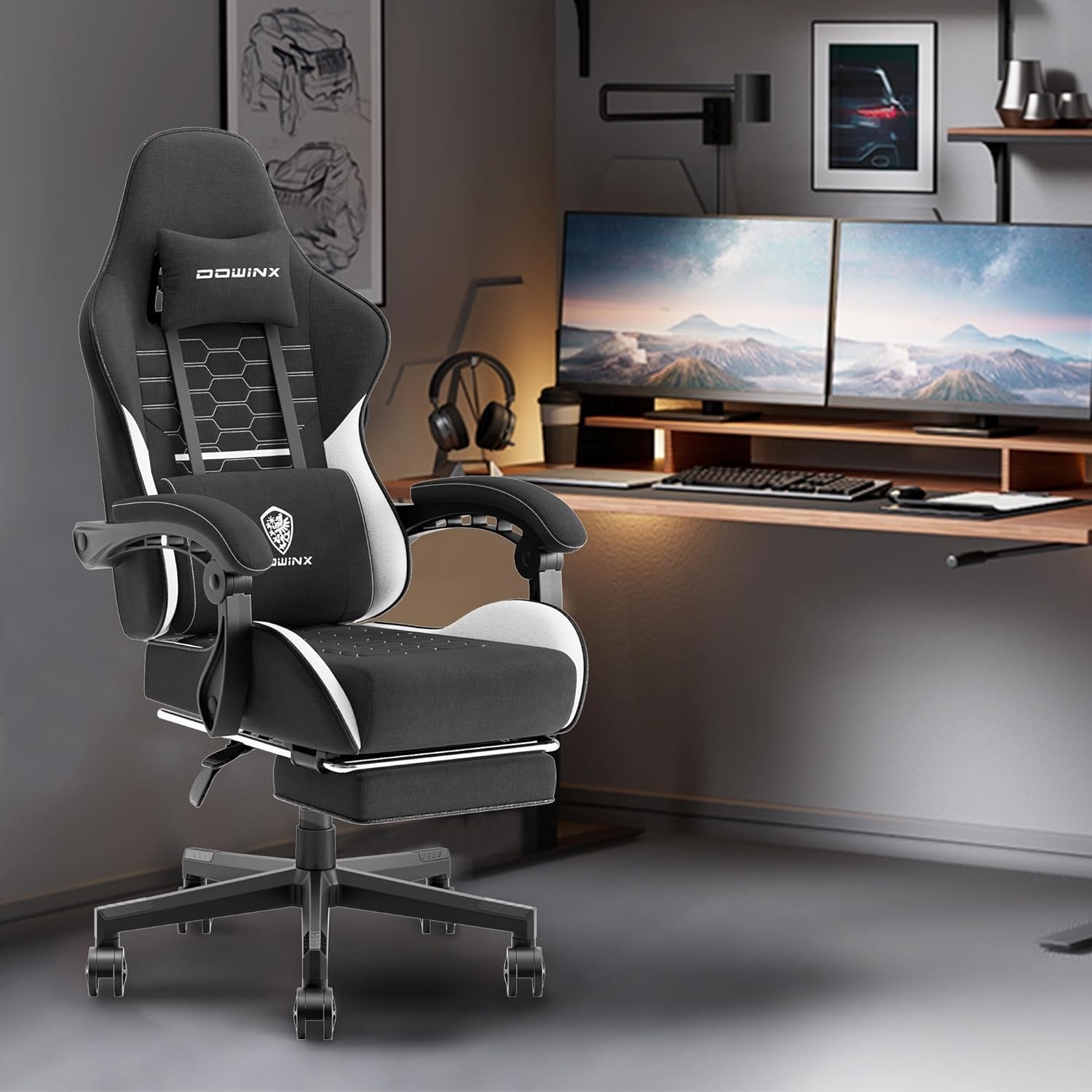 image:imageDowinx Gaming Chair Fabric with Pocket Spring Cushion Massage Game Chair Cloth with Headrest Ergonomic Computer Chair with Footrest 290LBS GreyBlack White