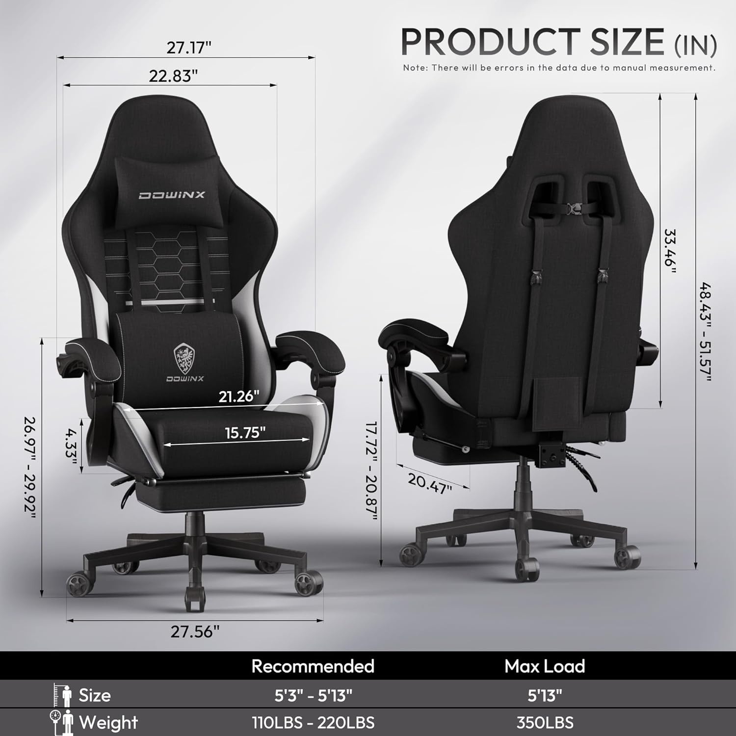image:imageDowinx Gaming Chair Fabric with Pocket Spring Cushion Massage Game Chair Cloth with Headrest Ergonomic Computer Chair with Footrest 290LBS GreyBlack White