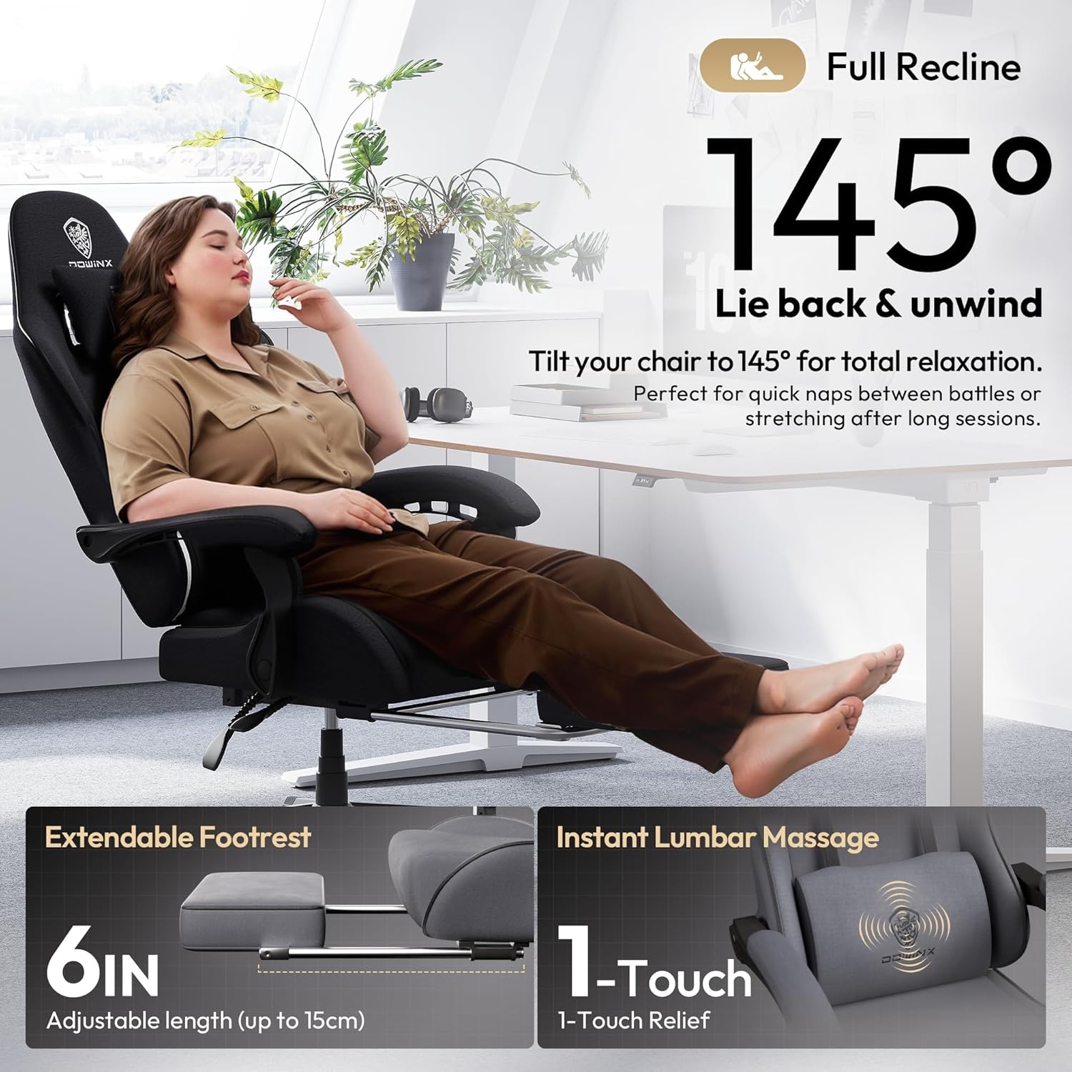 image:imageDowinx Gaming Chair Fabric with Pocket Spring Cushion Massage Game Chair Cloth with Headrest Ergonomic Computer Chair with Footrest 290LBS GreyBlack White