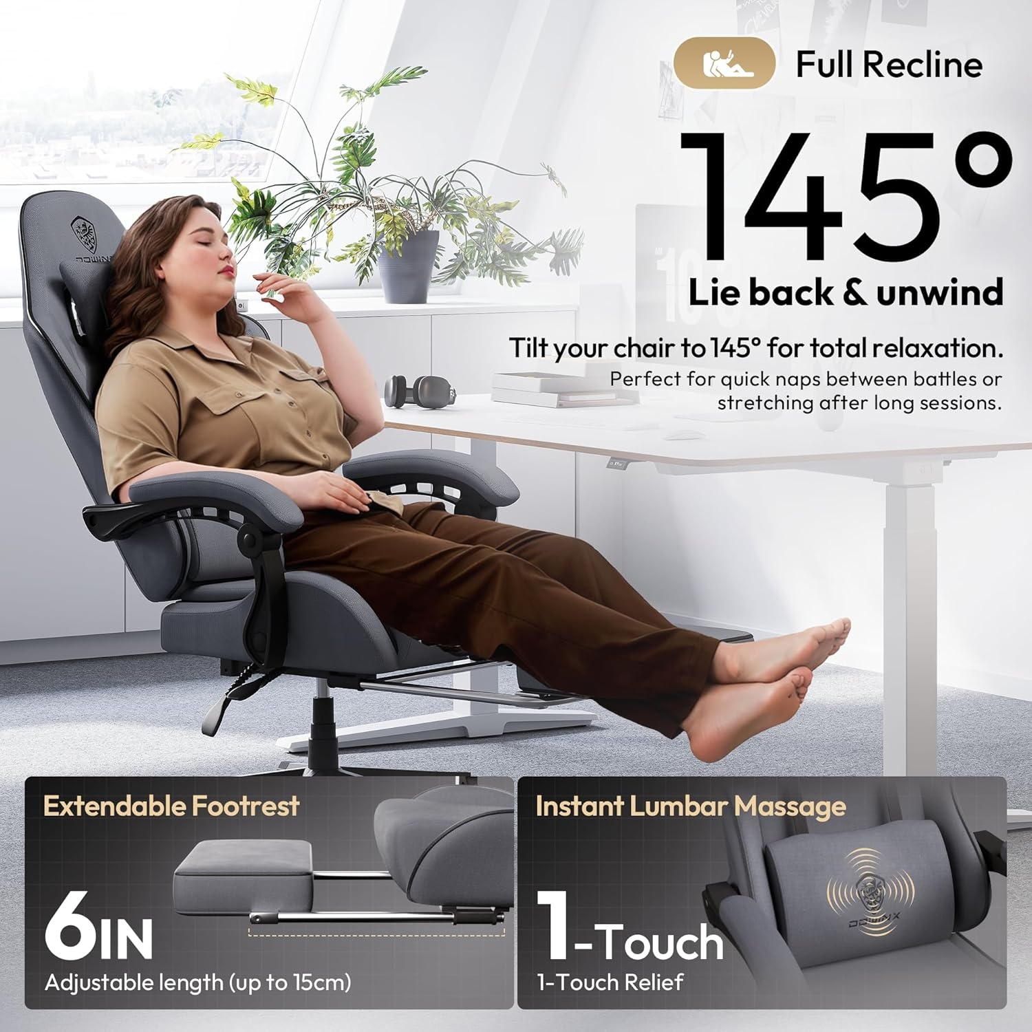 image:imageDowinx Gaming Chair Fabric with Pocket Spring Cushion Massage Game Chair Cloth with Headrest Ergonomic Computer Chair with Footrest 290LBS GreyDark Grey