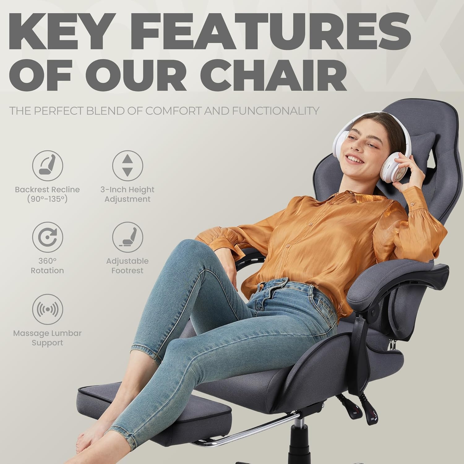 image:imageDowinx Gaming Chair Fabric with Pocket Spring Cushion Massage Game Chair Cloth with Headrest Ergonomic Computer Chair with Footrest 290LBS GreyDark Grey