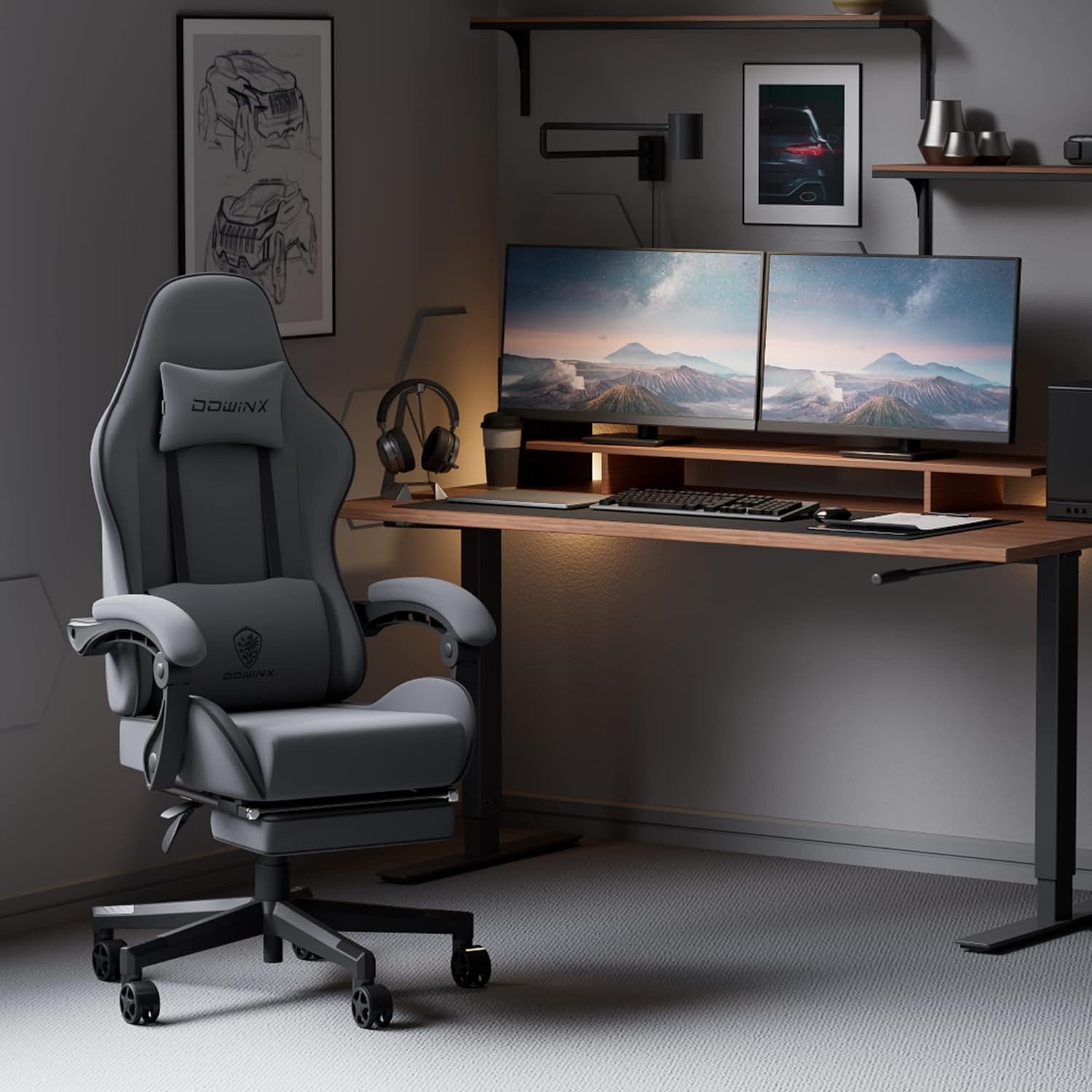 image:imageDowinx Gaming Chair Fabric with Pocket Spring Cushion Massage Game Chair Cloth with Headrest Ergonomic Computer Chair with Footrest 290LBS GreyDark Grey