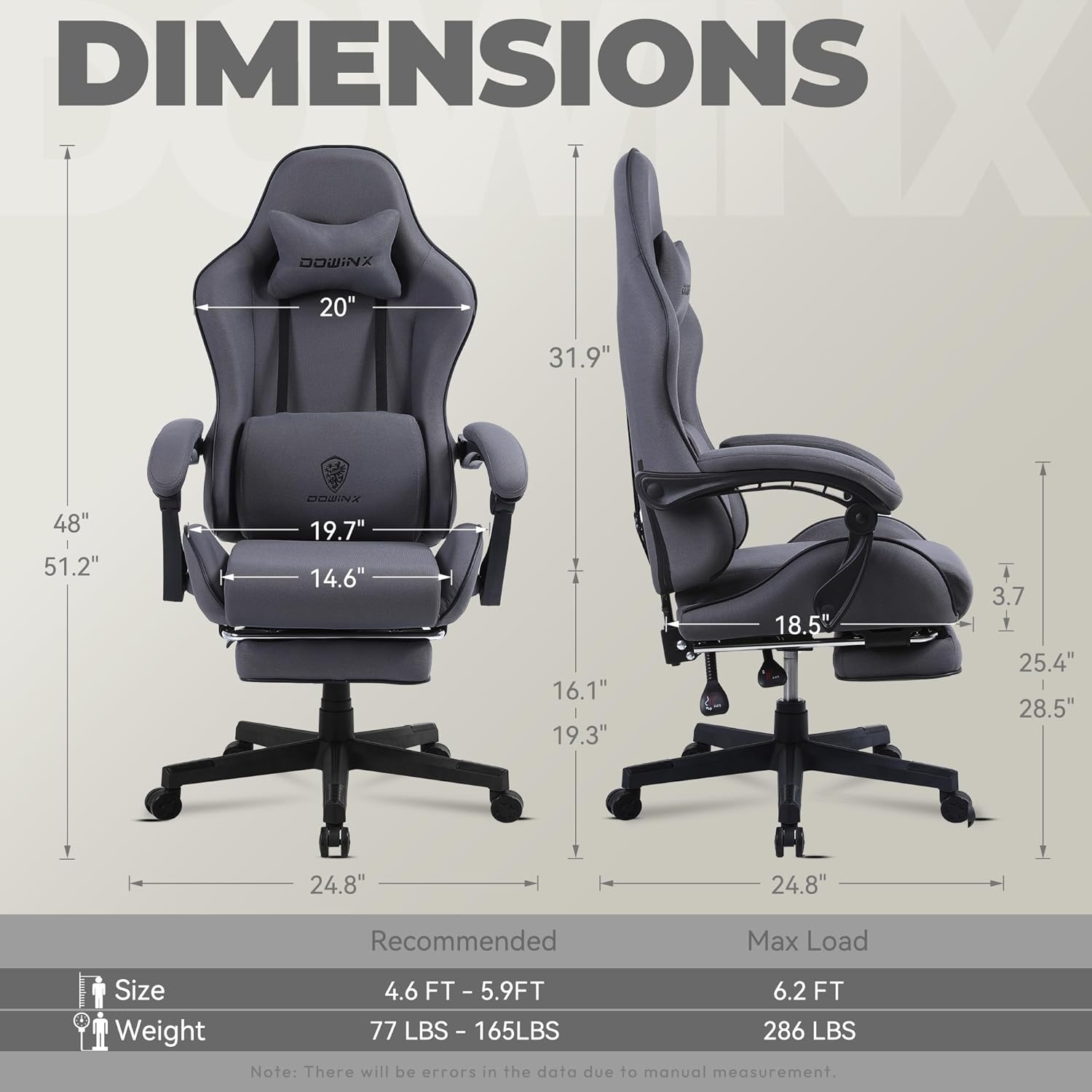 image:imageDowinx Gaming Chair Fabric with Pocket Spring Cushion Massage Game Chair Cloth with Headrest Ergonomic Computer Chair with Footrest 290LBS GreyDark Grey