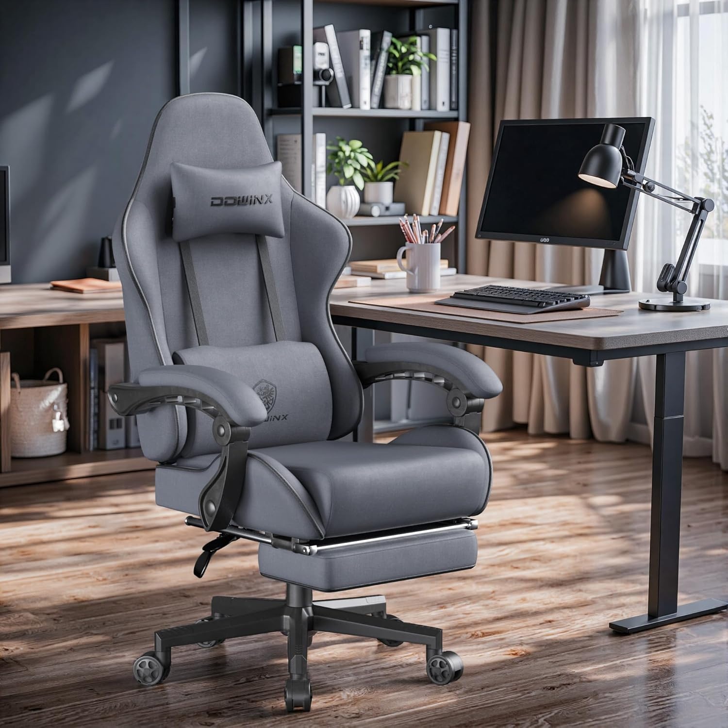 image:imageDowinx Gaming Chair Fabric with Pocket Spring Cushion Massage Game Chair Cloth with Headrest Ergonomic Computer Chair with Footrest 290LBS GreyDark Grey