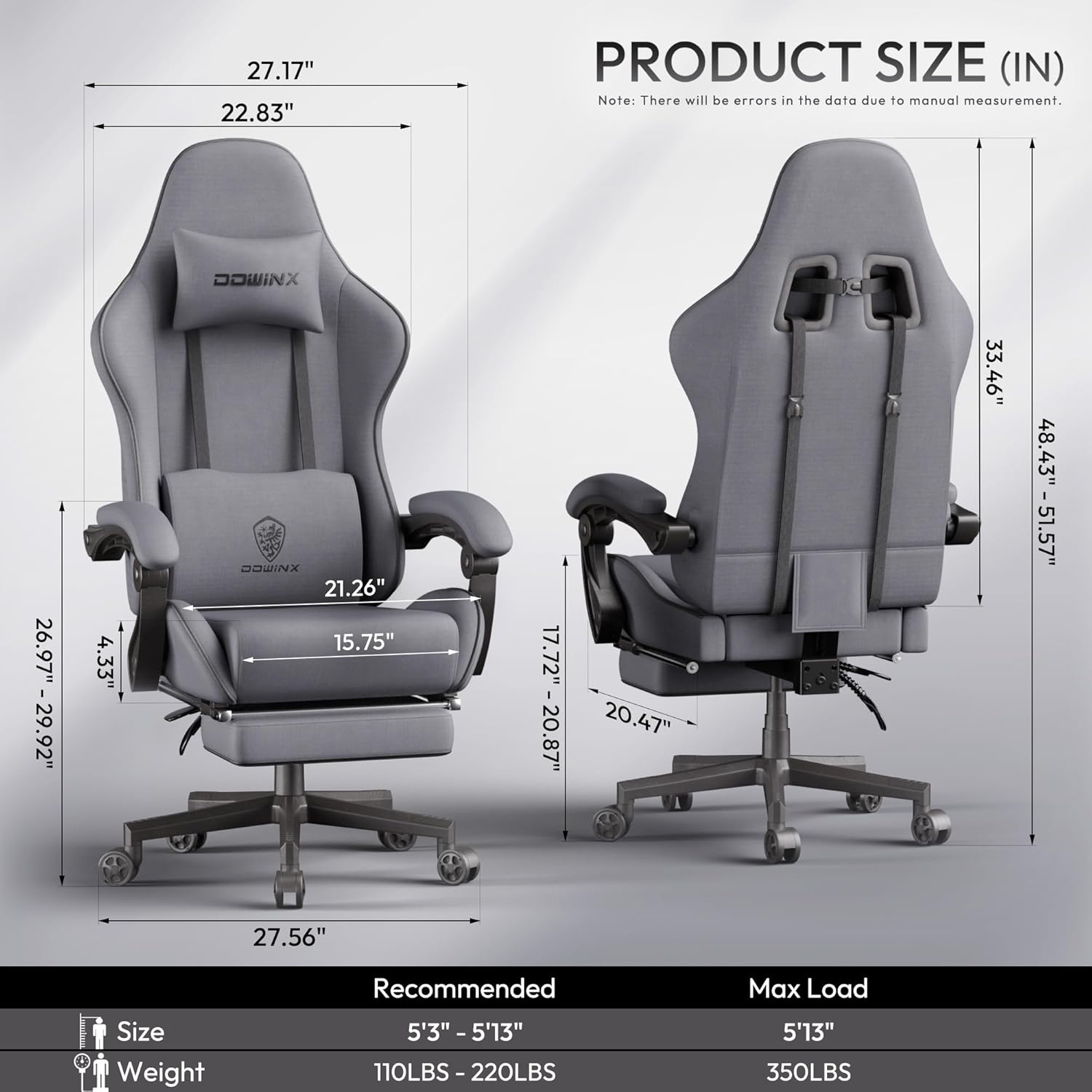 image:imageDowinx Gaming Chair Fabric with Pocket Spring Cushion Massage Game Chair Cloth with Headrest Ergonomic Computer Chair with Footrest 290LBS GreyDark Grey