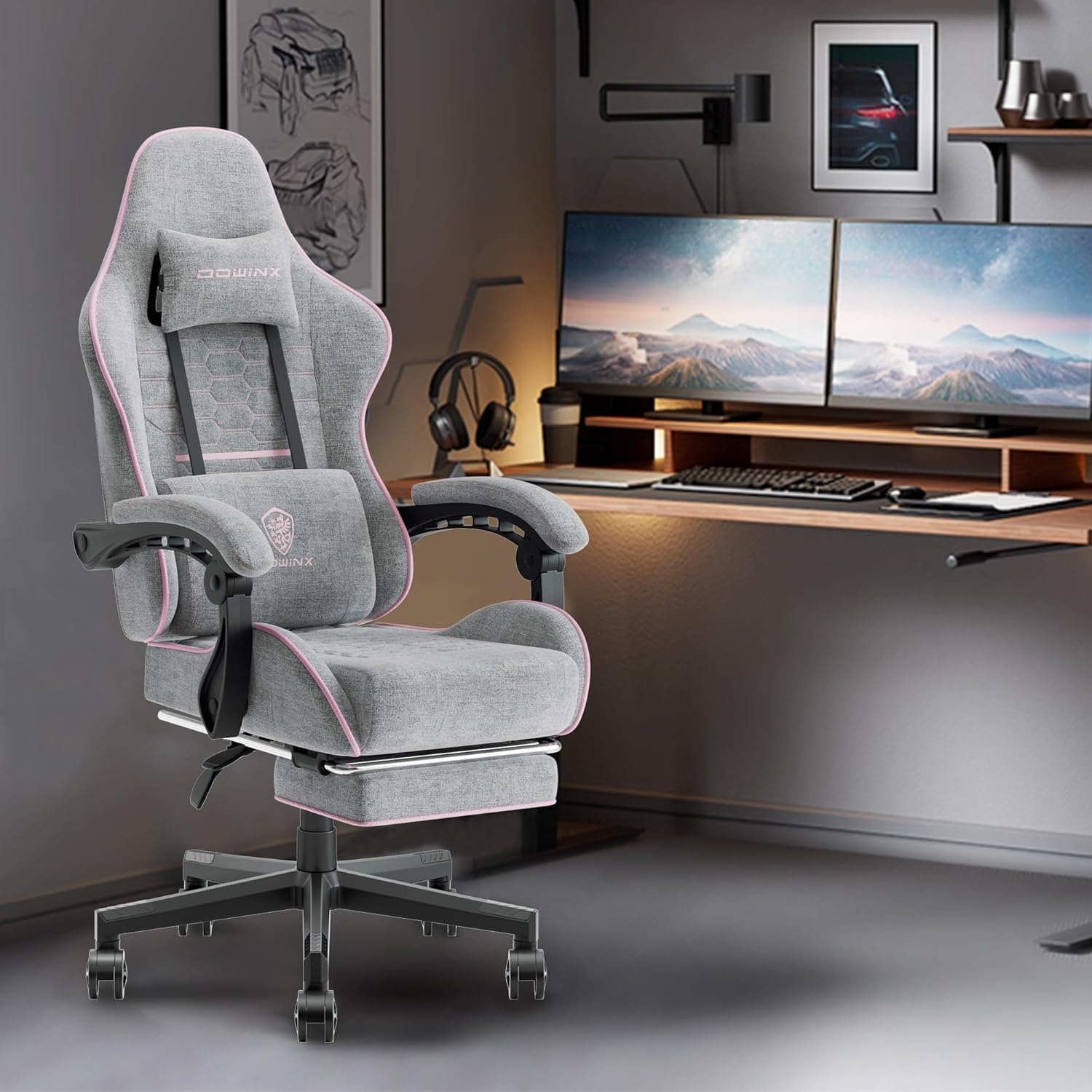 image:imageDowinx Gaming Chair Fabric with Pocket Spring Cushion Massage Game Chair Cloth with Headrest Ergonomic Computer Chair with Footrest 290LBS GreyPink