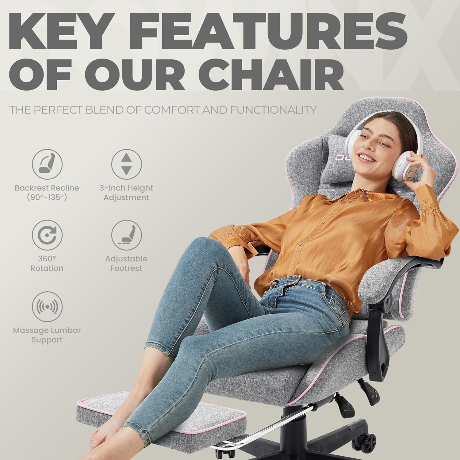 image:imageDowinx Gaming Chair Fabric with Pocket Spring Cushion Massage Game Chair Cloth with Headrest Ergonomic Computer Chair with Footrest 290LBS GreyPink