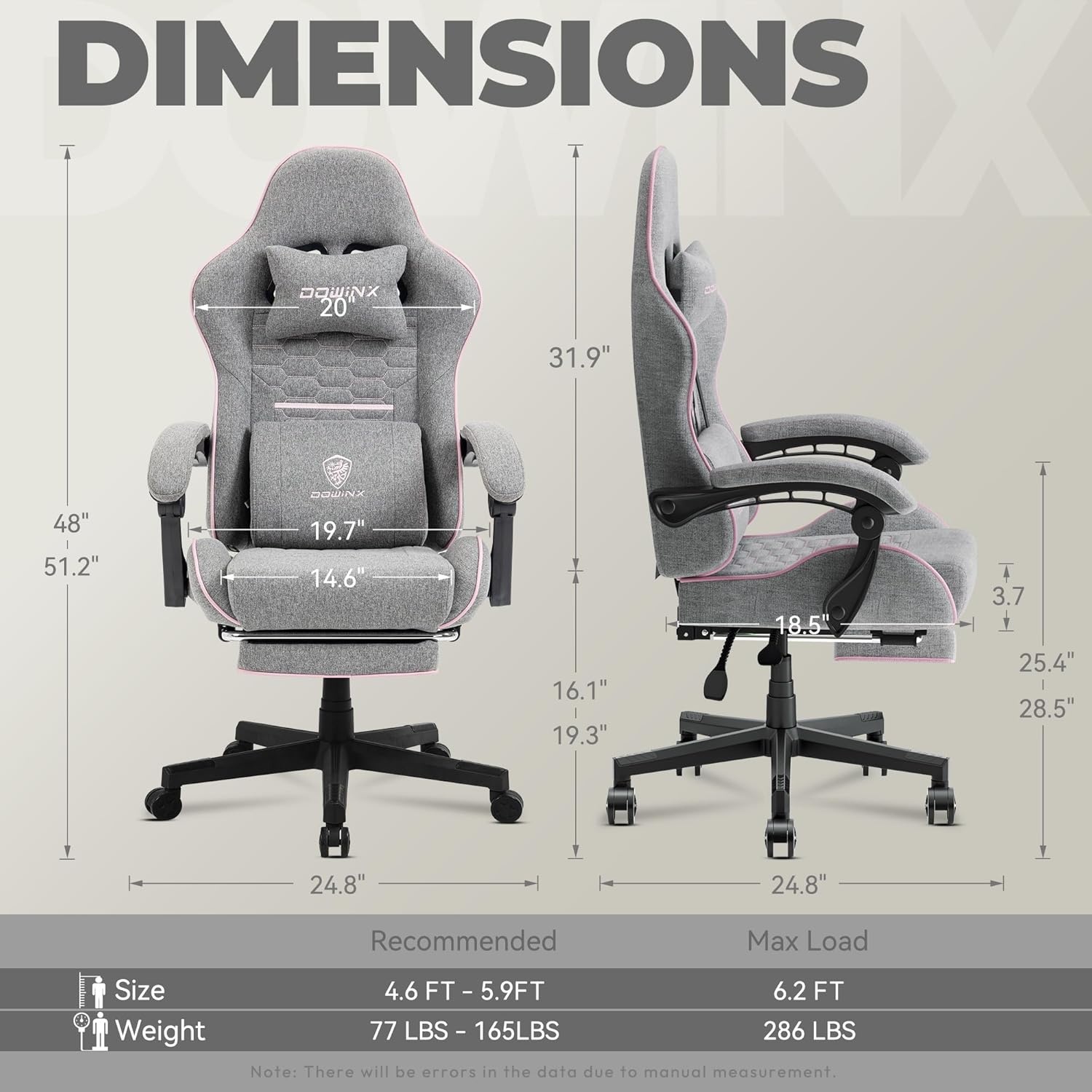 image:imageDowinx Gaming Chair Fabric with Pocket Spring Cushion Massage Game Chair Cloth with Headrest Ergonomic Computer Chair with Footrest 290LBS GreyPink
